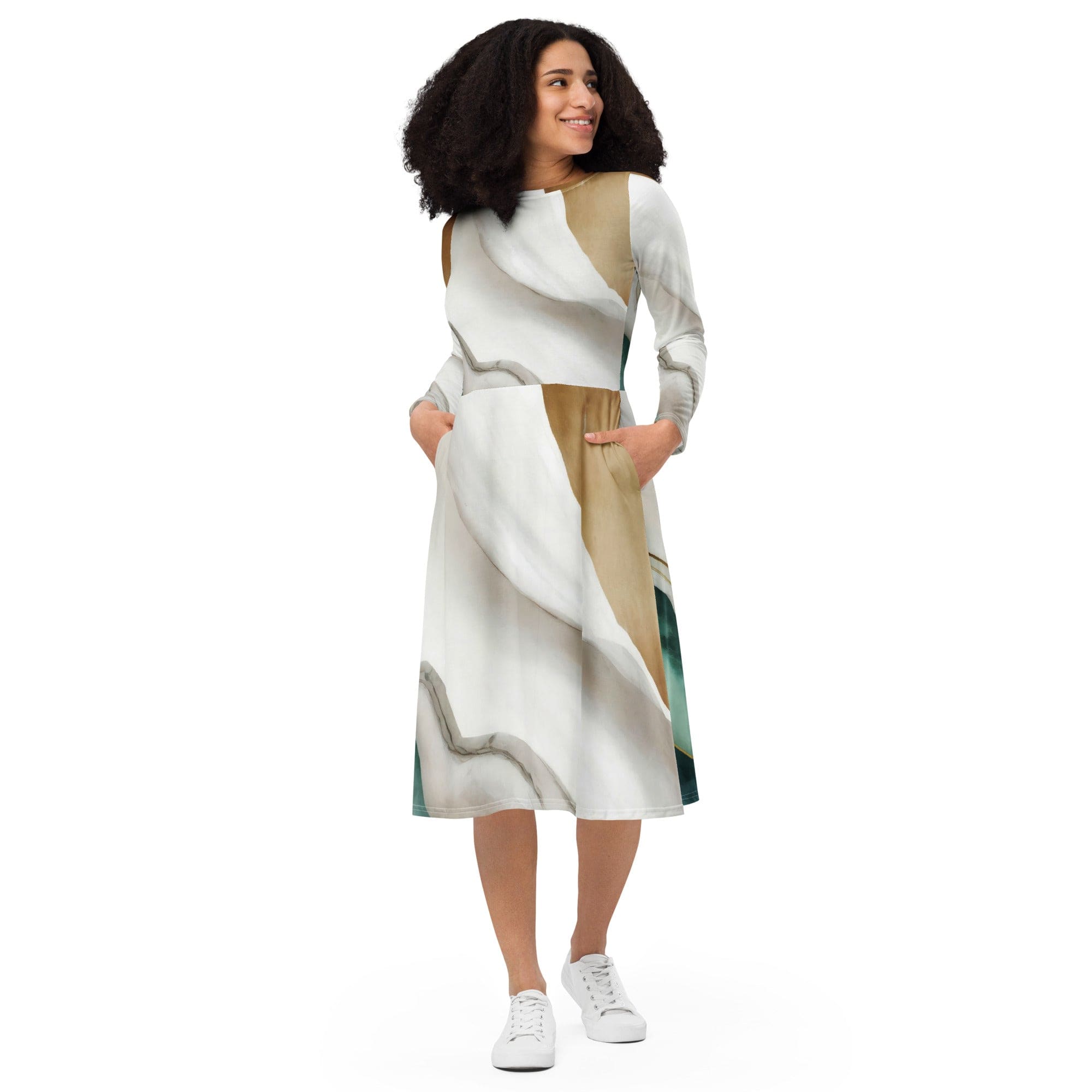 Womens Long Sleeve Midi Dress featuring a Cream White Green Marbled Print, showcasing its elegant design and side pockets.