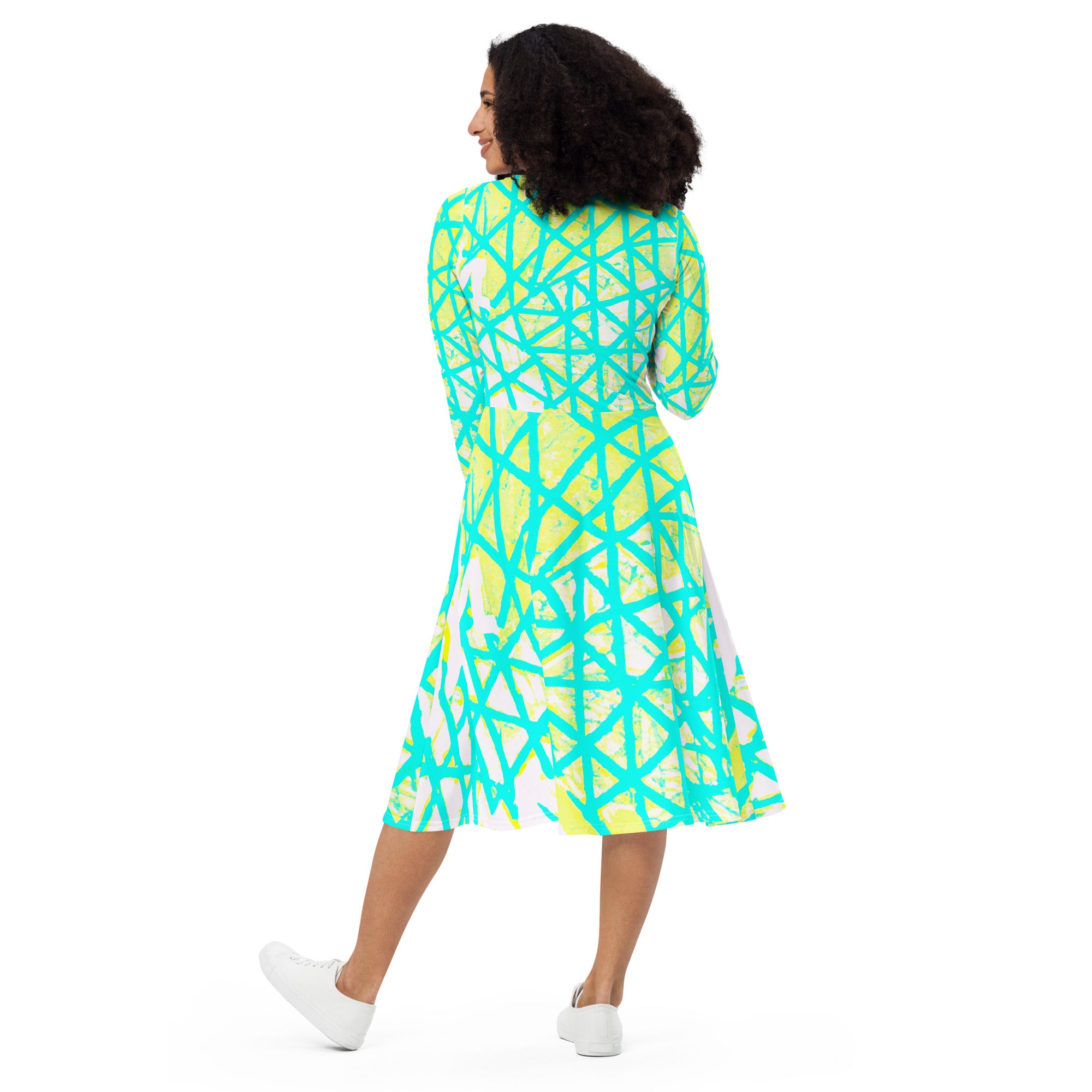 Womens Long Sleeve Midi Dress featuring a Cyan Blue, Lime Green, and White pattern, showcasing its elegant design and side pockets.