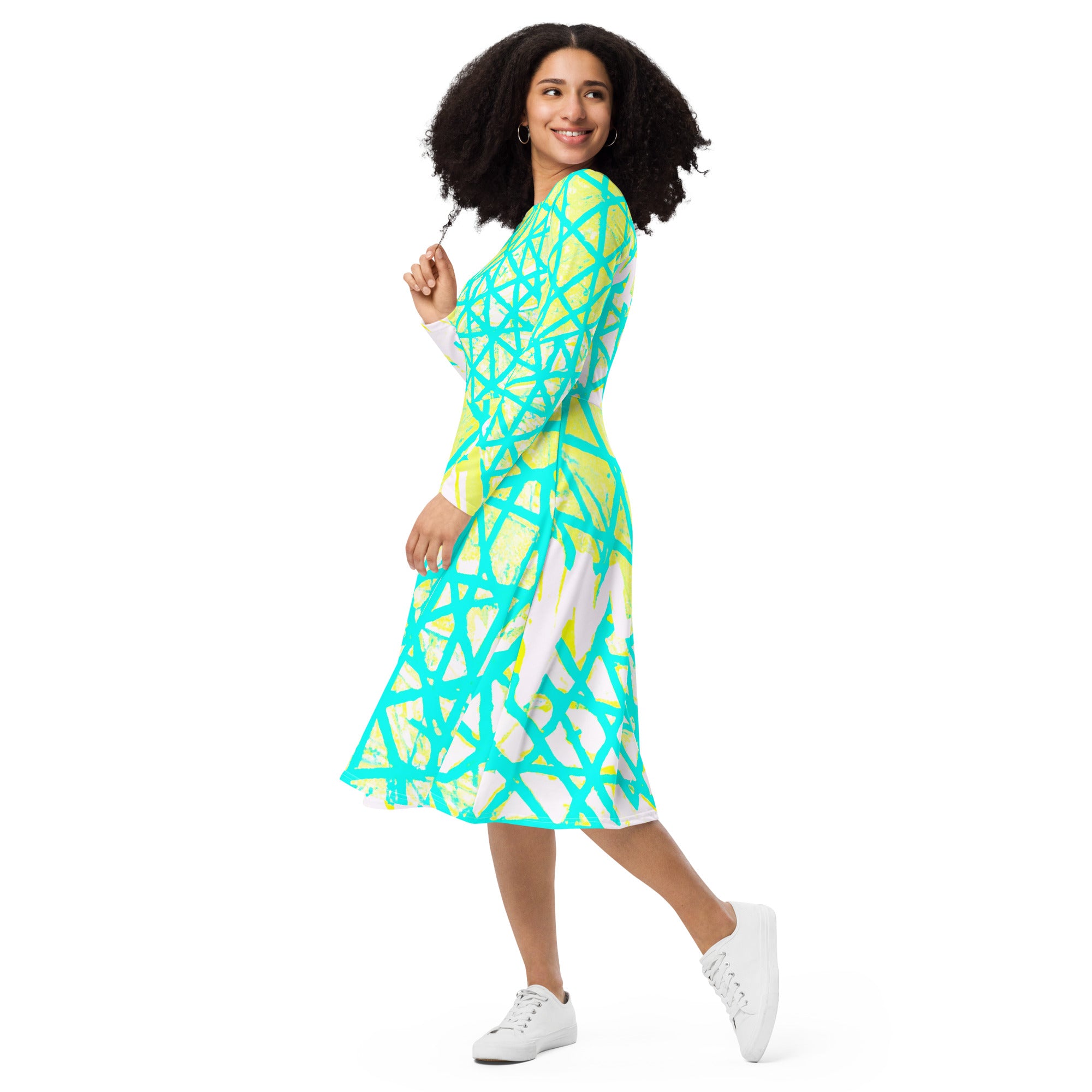 Womens Long Sleeve Midi Dress featuring a Cyan Blue, Lime Green, and White pattern, showcasing its elegant design and side pockets.