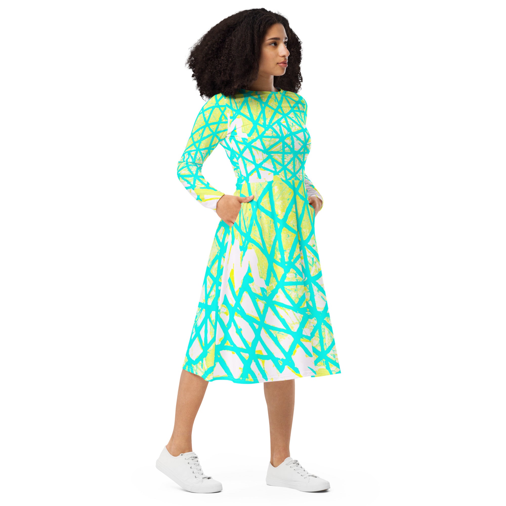 Womens Long Sleeve Midi Dress featuring a Cyan Blue, Lime Green, and White pattern, showcasing its elegant design and side pockets.