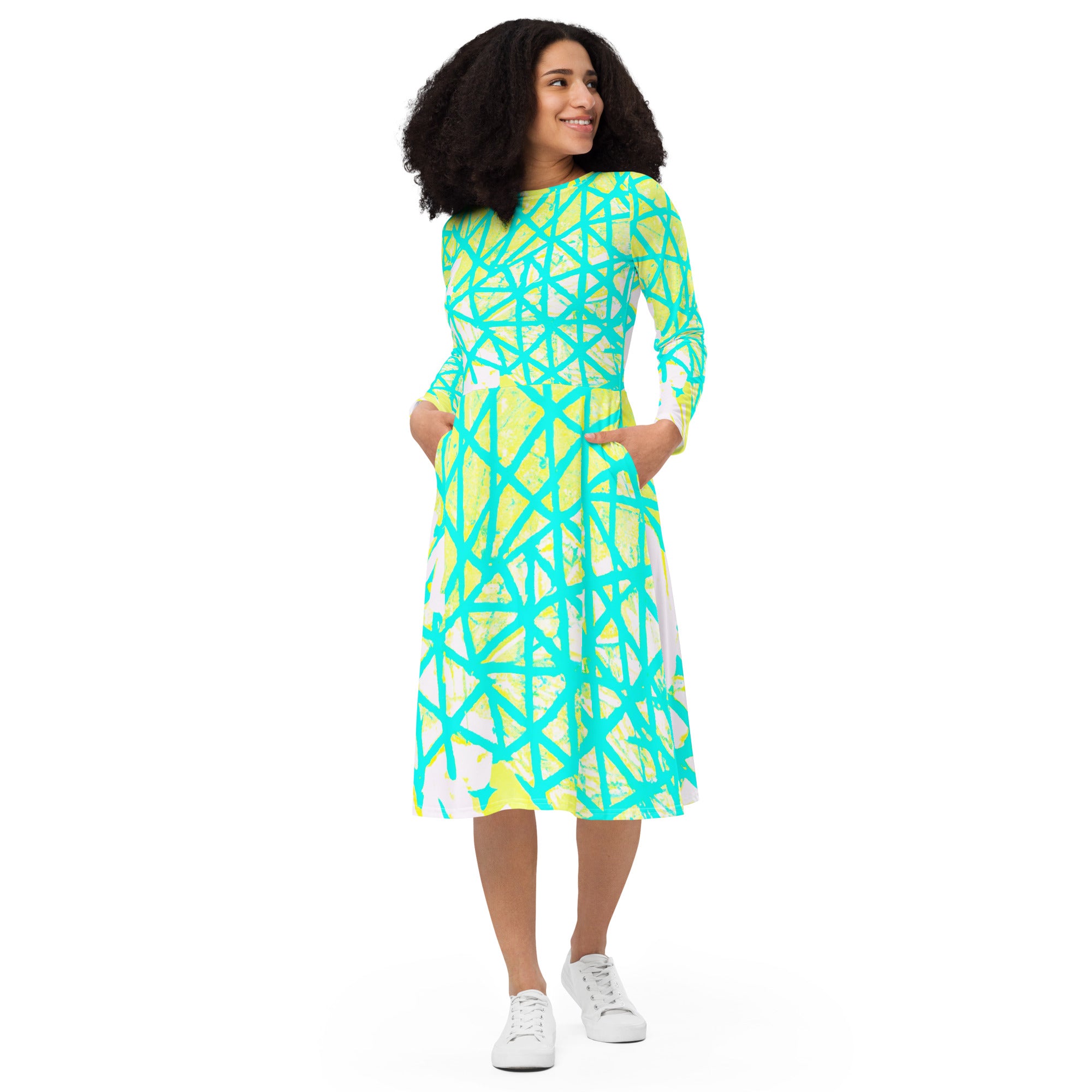 Womens Long Sleeve Midi Dress featuring a Cyan Blue, Lime Green, and White pattern, showcasing its elegant design and side pockets.