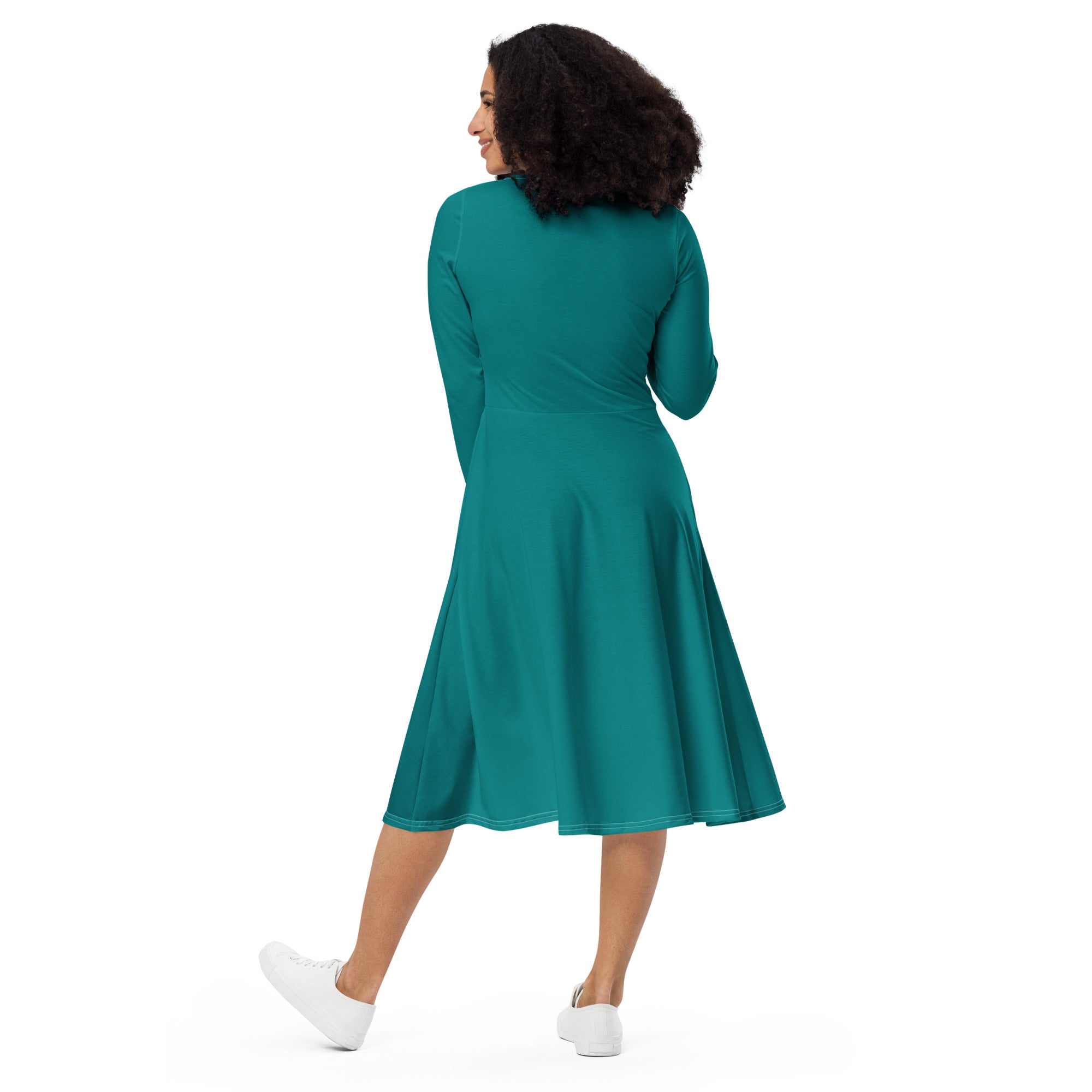 Womens Long Sleeve Midi Dress in Dark Teal Green featuring a fitted waist, flared bottom, and side pockets, perfect for any occasion.