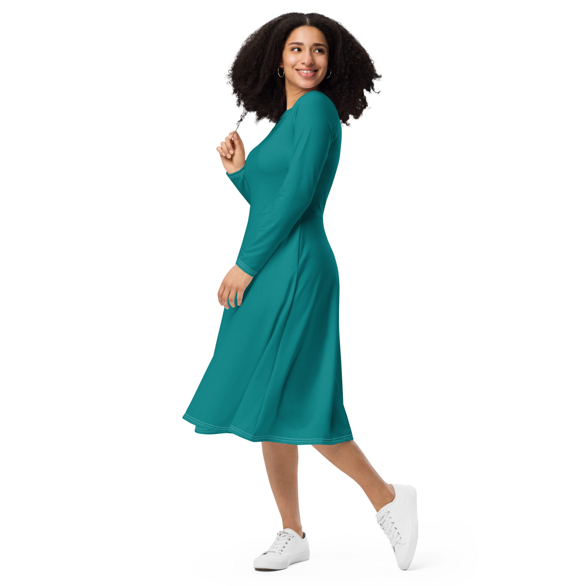 Womens Long Sleeve Midi Dress in Dark Teal Green featuring a fitted waist, flared bottom, and side pockets, perfect for any occasion.