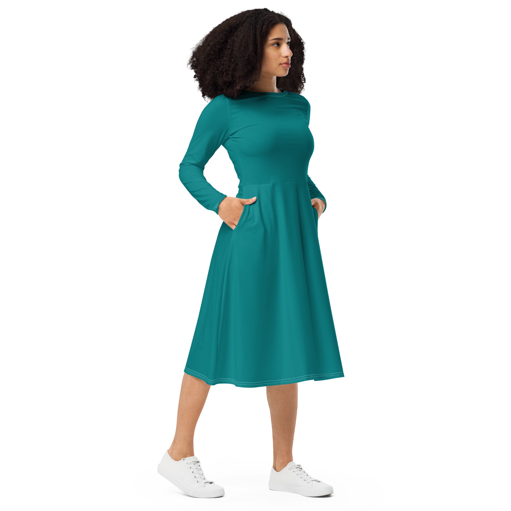 Womens Long Sleeve Midi Dress in Dark Teal Green featuring a fitted waist, flared bottom, and side pockets, perfect for any occasion.