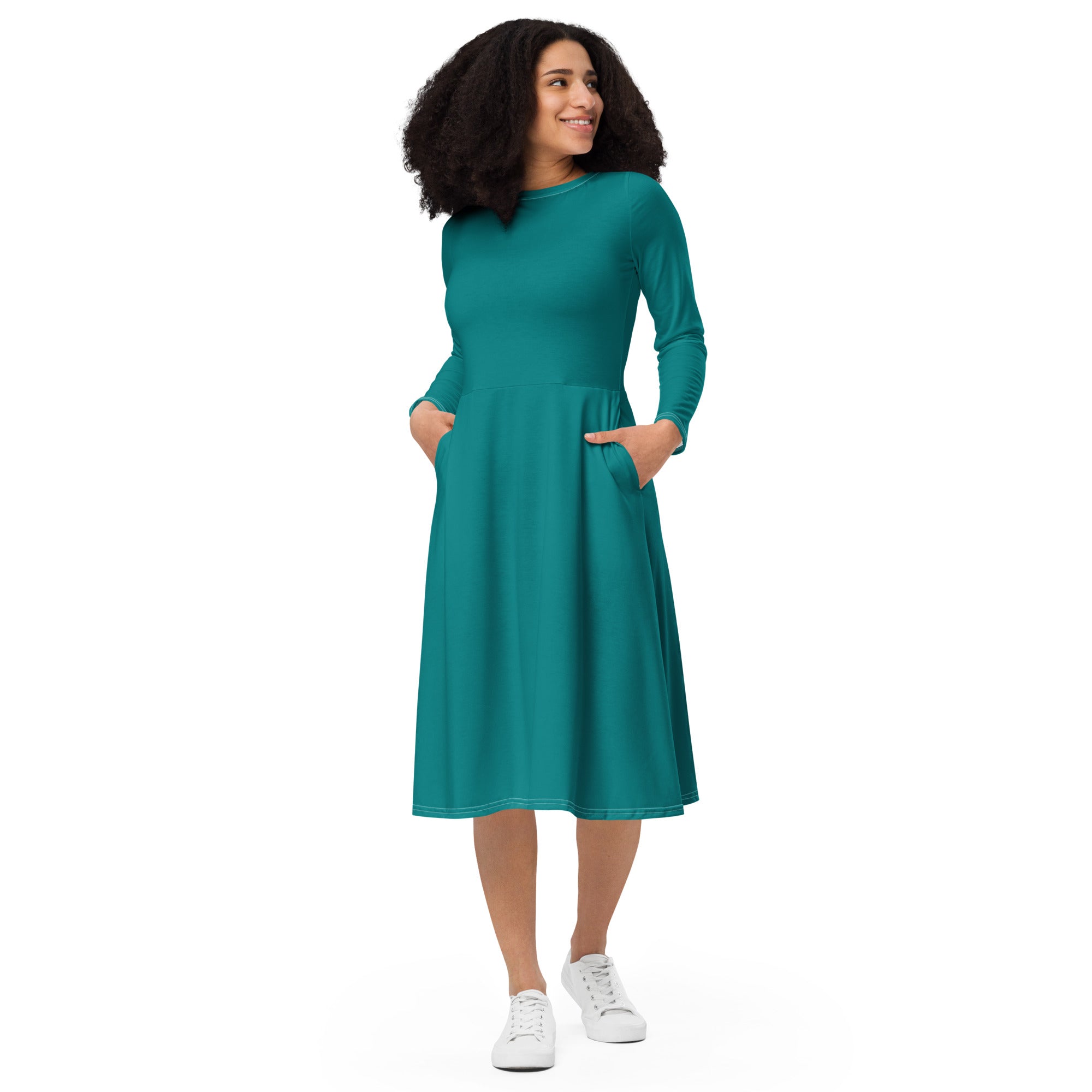 Womens Long Sleeve Midi Dress in Dark Teal Green featuring a fitted waist, flared bottom, and side pockets, perfect for any occasion.