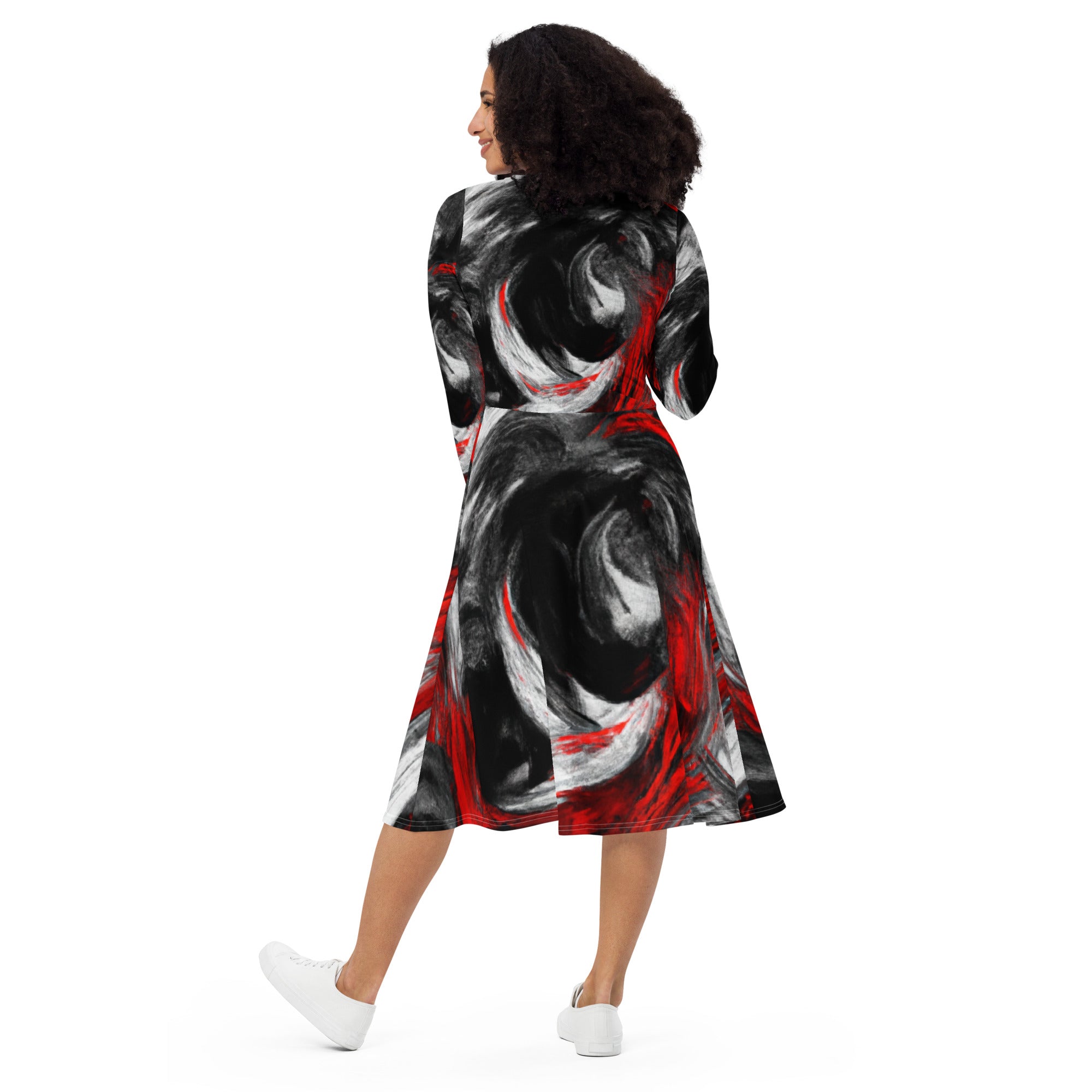 Womens Long Sleeve Midi Dress featuring a decorative black, red, and white abstract pattern, showcasing its elegant design and comfortable fit.