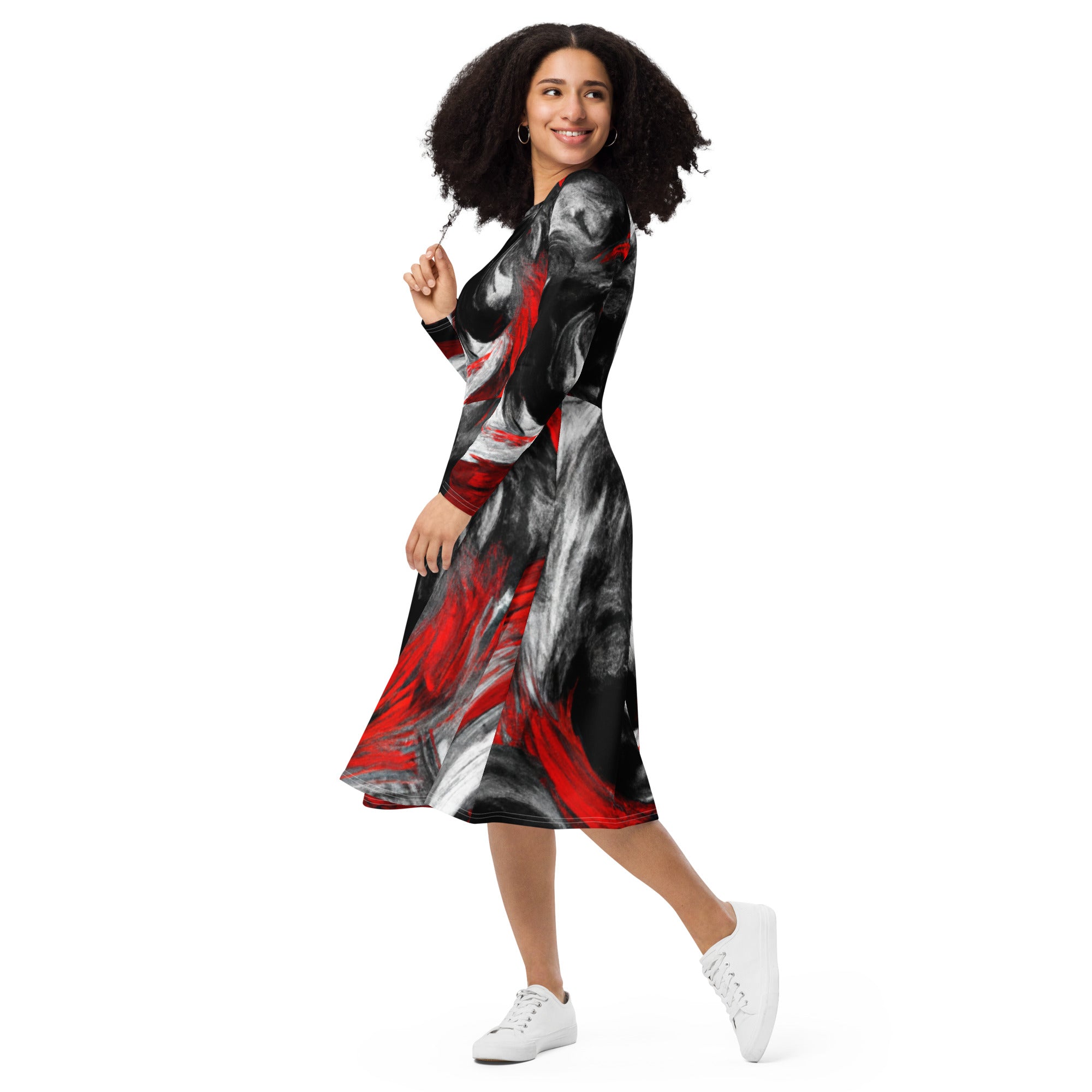 Womens Long Sleeve Midi Dress featuring a decorative black, red, and white abstract pattern, showcasing its elegant design and comfortable fit.