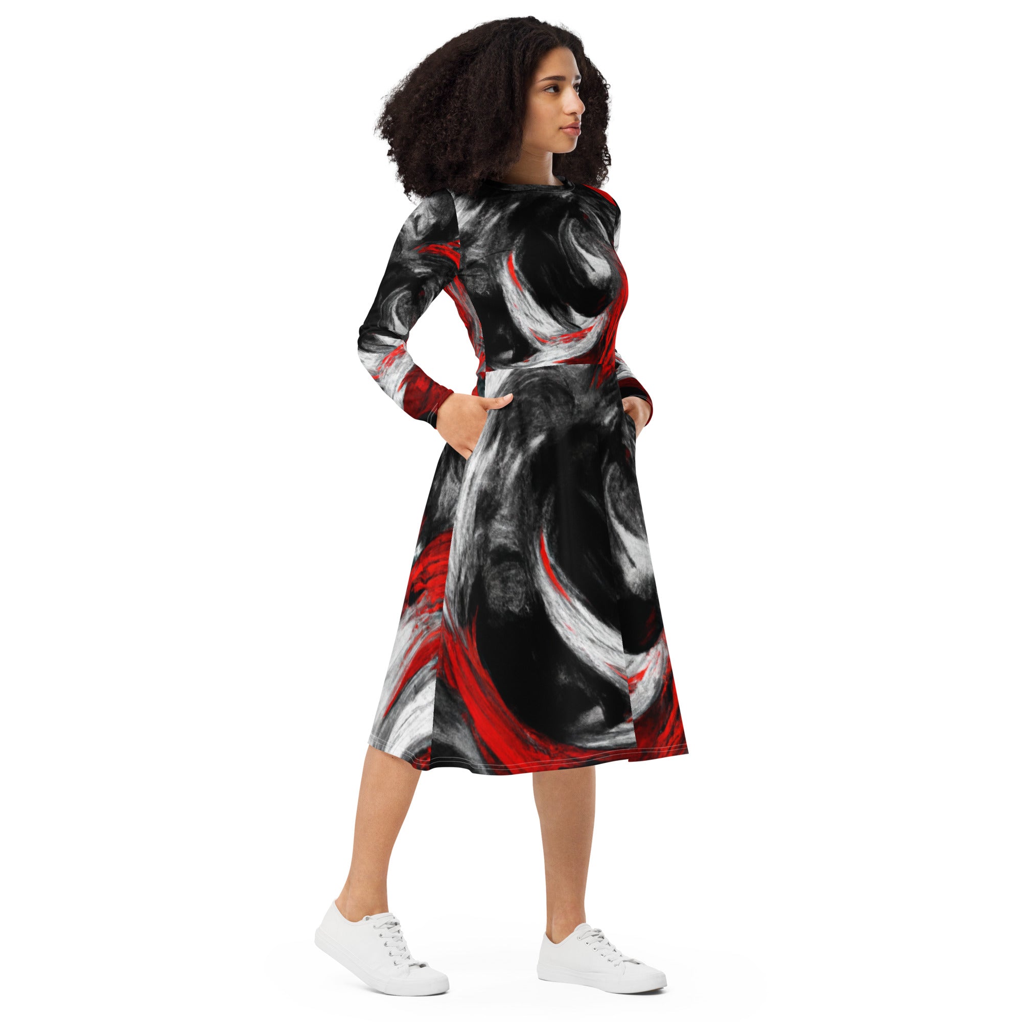 Womens Long Sleeve Midi Dress featuring a decorative black, red, and white abstract pattern, showcasing its elegant design and comfortable fit.