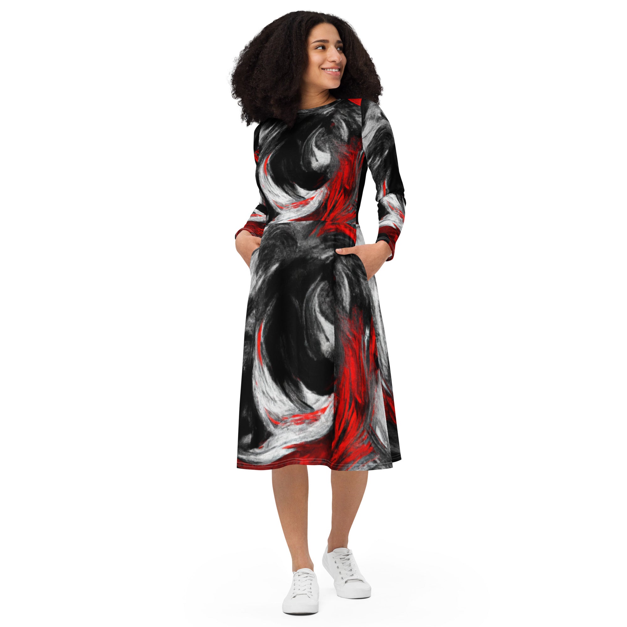 Womens Long Sleeve Midi Dress featuring a decorative black, red, and white abstract pattern, showcasing its elegant design and comfortable fit.