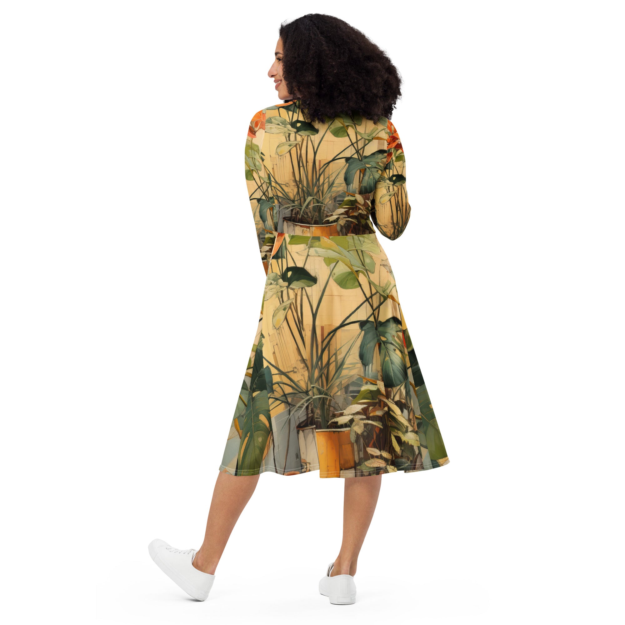 Womens Long Sleeve Midi Dress featuring an earthy rustic potted plants print, showcasing its flattering silhouette and side pockets.