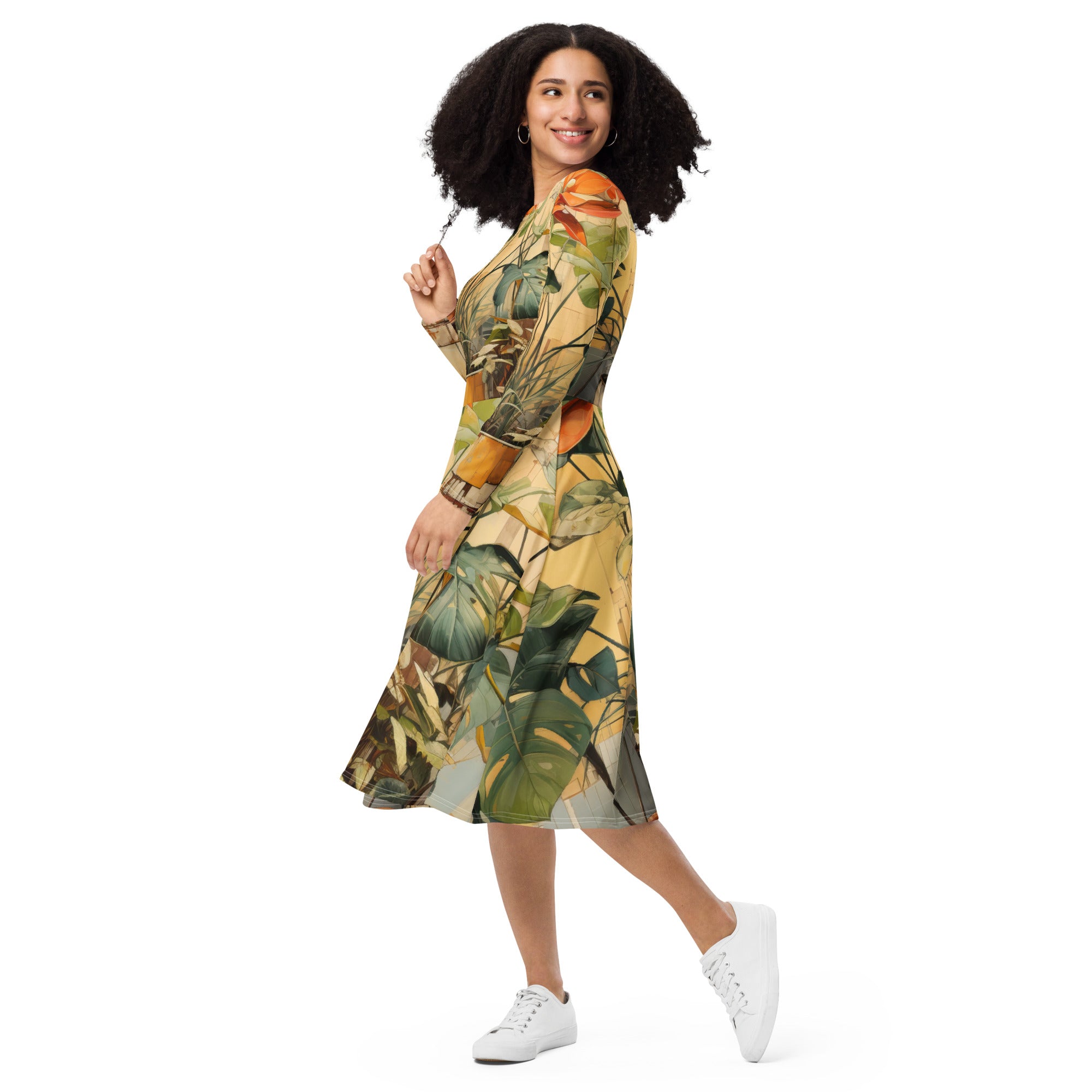 Womens Long Sleeve Midi Dress featuring an earthy rustic potted plants print, showcasing its flattering silhouette and side pockets.