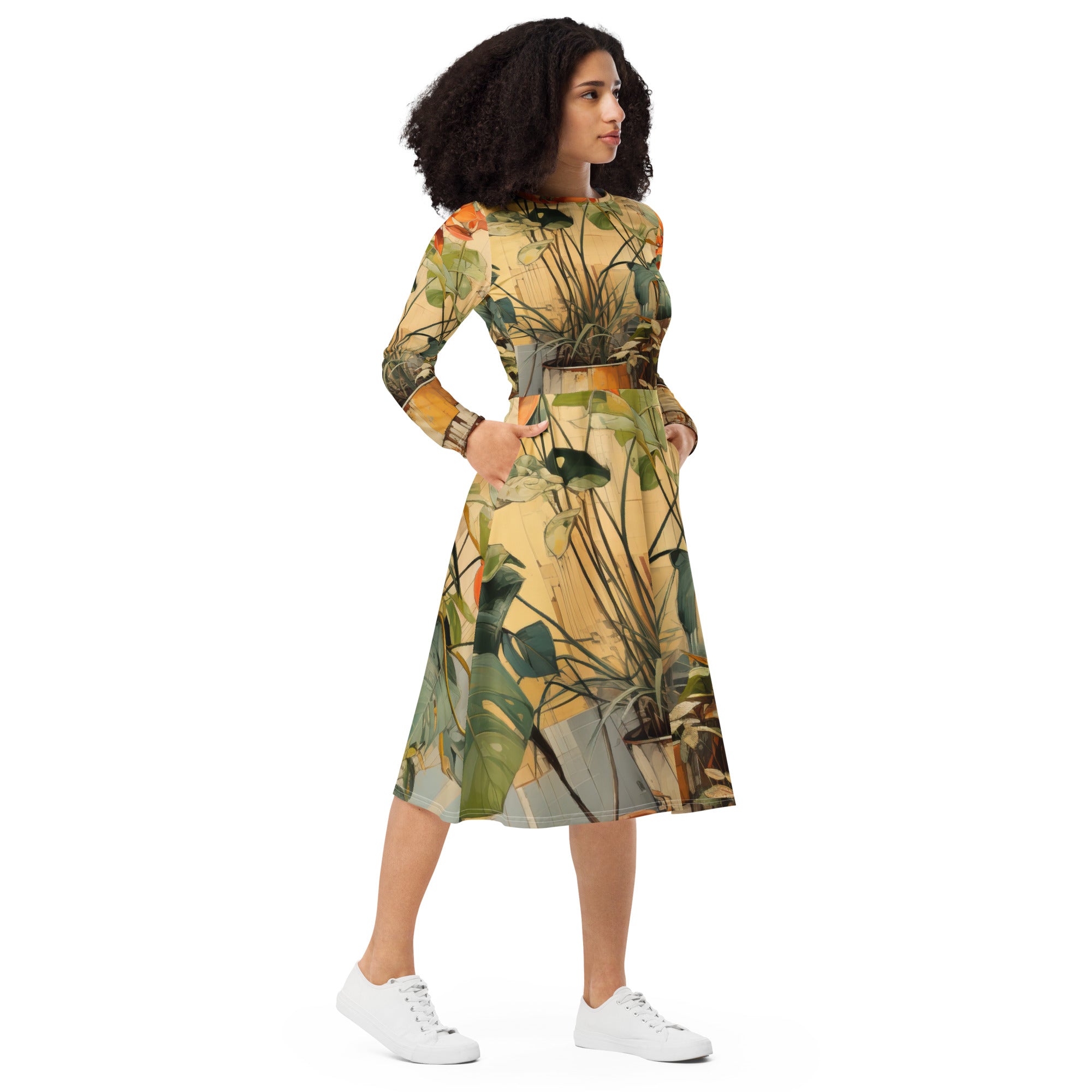 Womens Long Sleeve Midi Dress featuring an earthy rustic potted plants print, showcasing its flattering silhouette and side pockets.