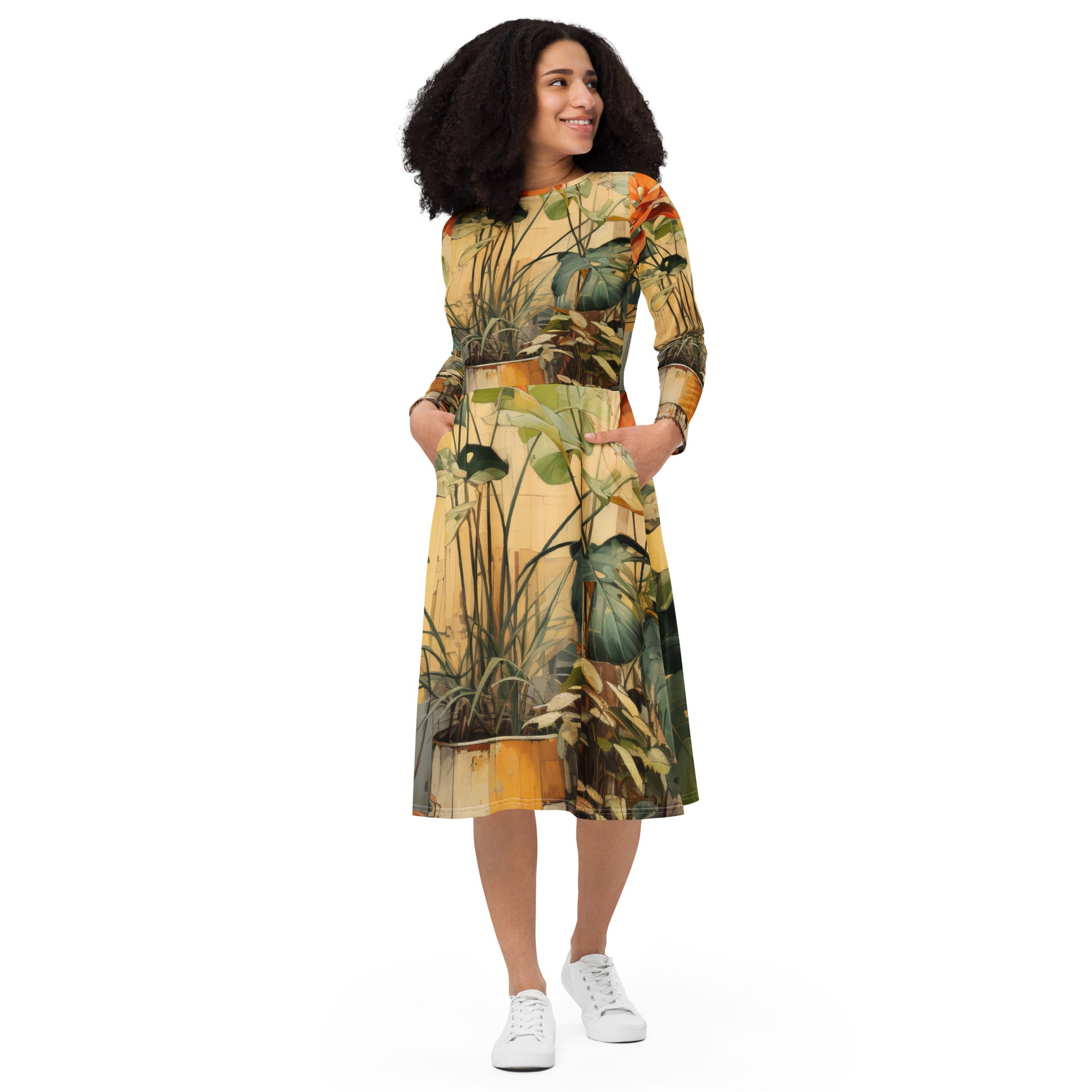 Womens Long Sleeve Midi Dress featuring an earthy rustic potted plants print, showcasing its flattering silhouette and side pockets.