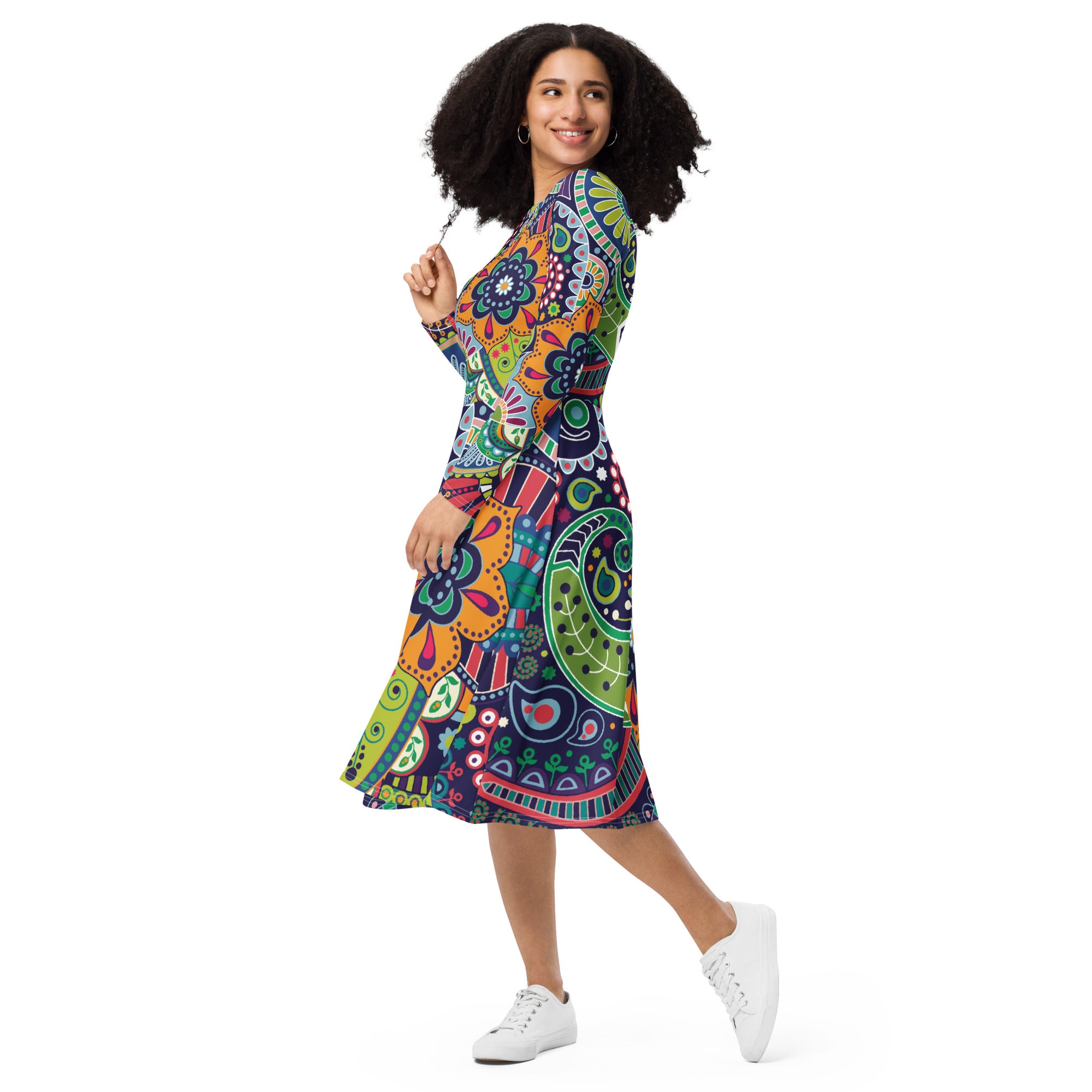 Womens Long Sleeve Midi Dress in Floral Paisley design, showcasing fitted waist, flared bottom, and side pockets.