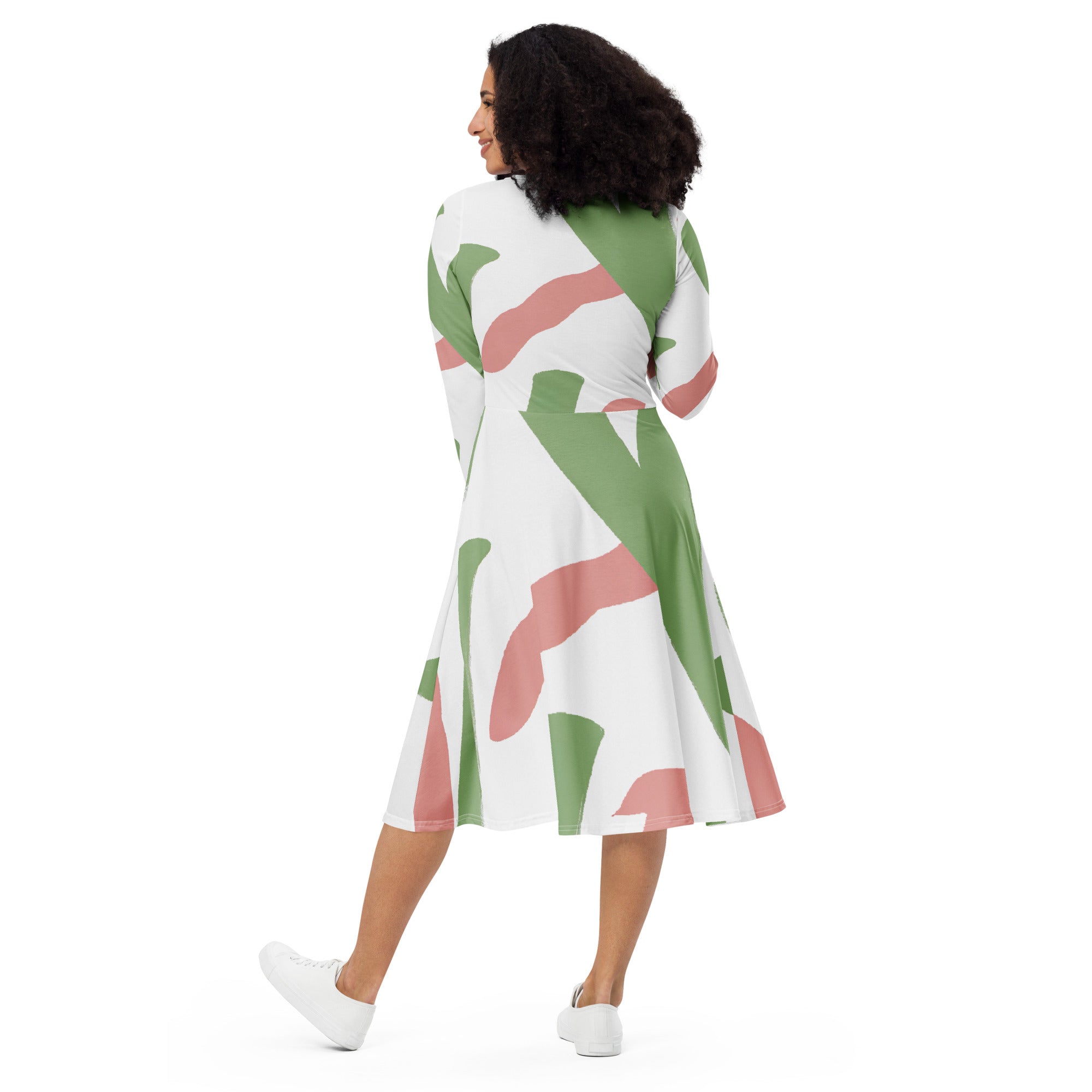 Womens Long Sleeve Midi Dress featuring a Green Mauve Abstract Brush Stroke pattern, showcasing its elegant design and comfortable fit.