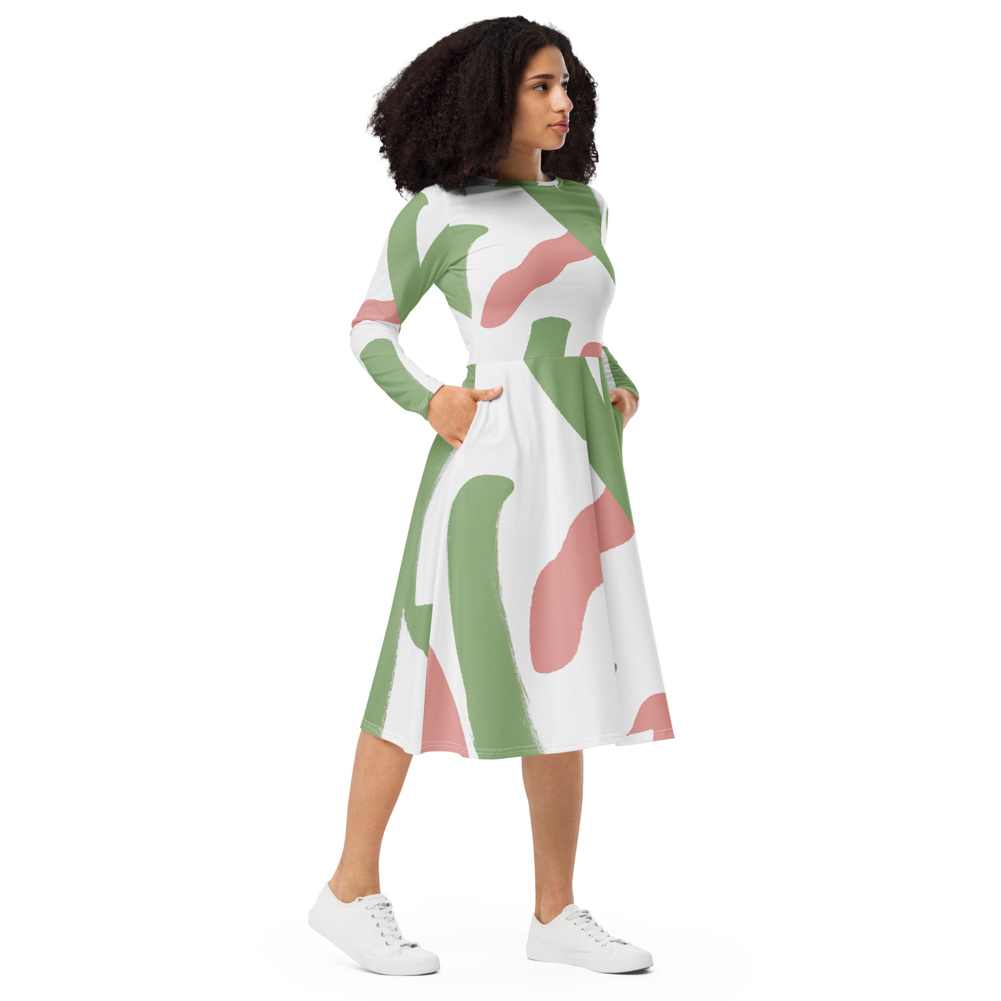 Womens Long Sleeve Midi Dress featuring a Green Mauve Abstract Brush Stroke pattern, showcasing its elegant design and comfortable fit.