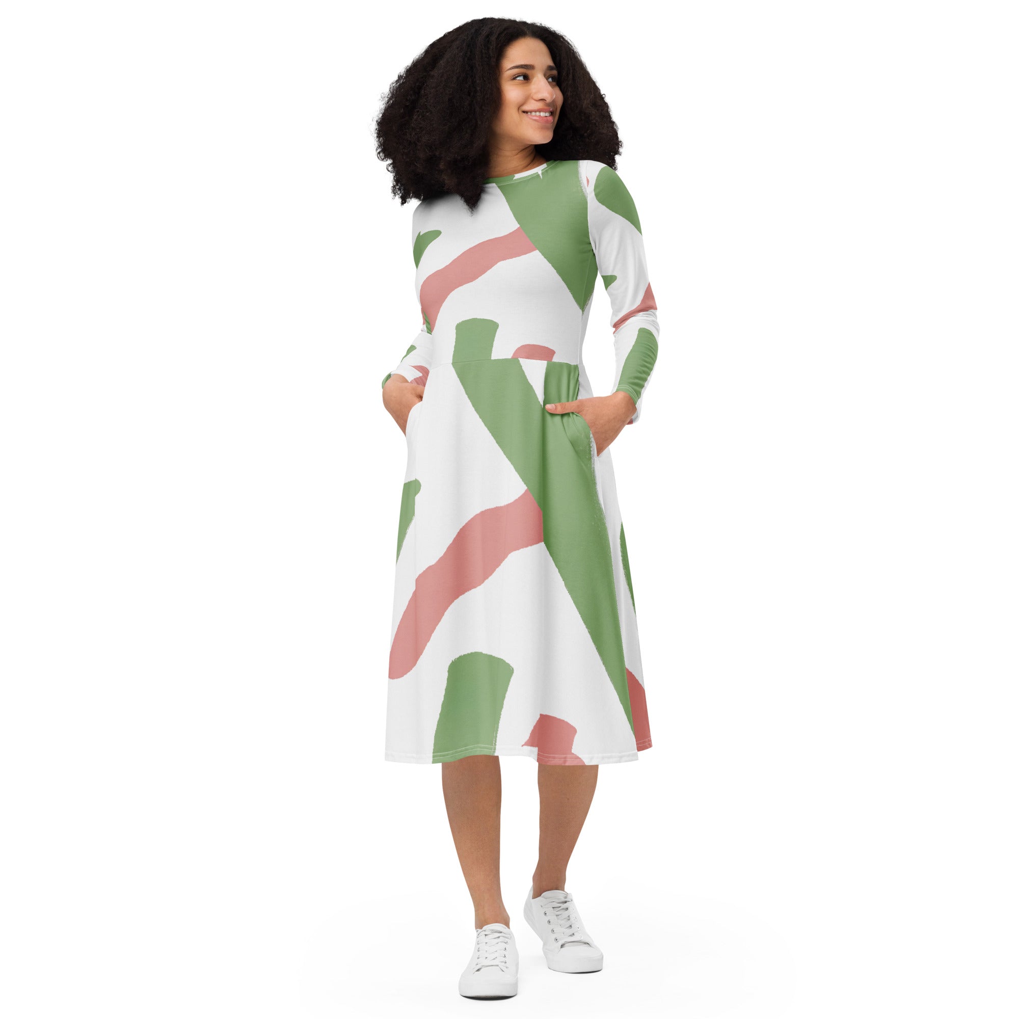 Womens Long Sleeve Midi Dress featuring a Green Mauve Abstract Brush Stroke pattern, showcasing its elegant design and comfortable fit.