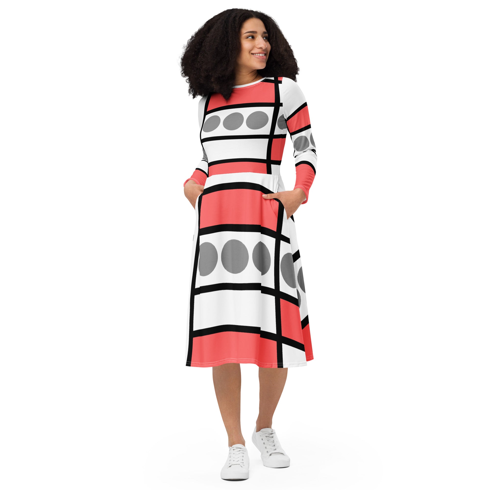 Womens Long Sleeve Midi Dress in Pale Red Print featuring a fitted waist, flared bottom, and side pockets, perfect for any occasion.