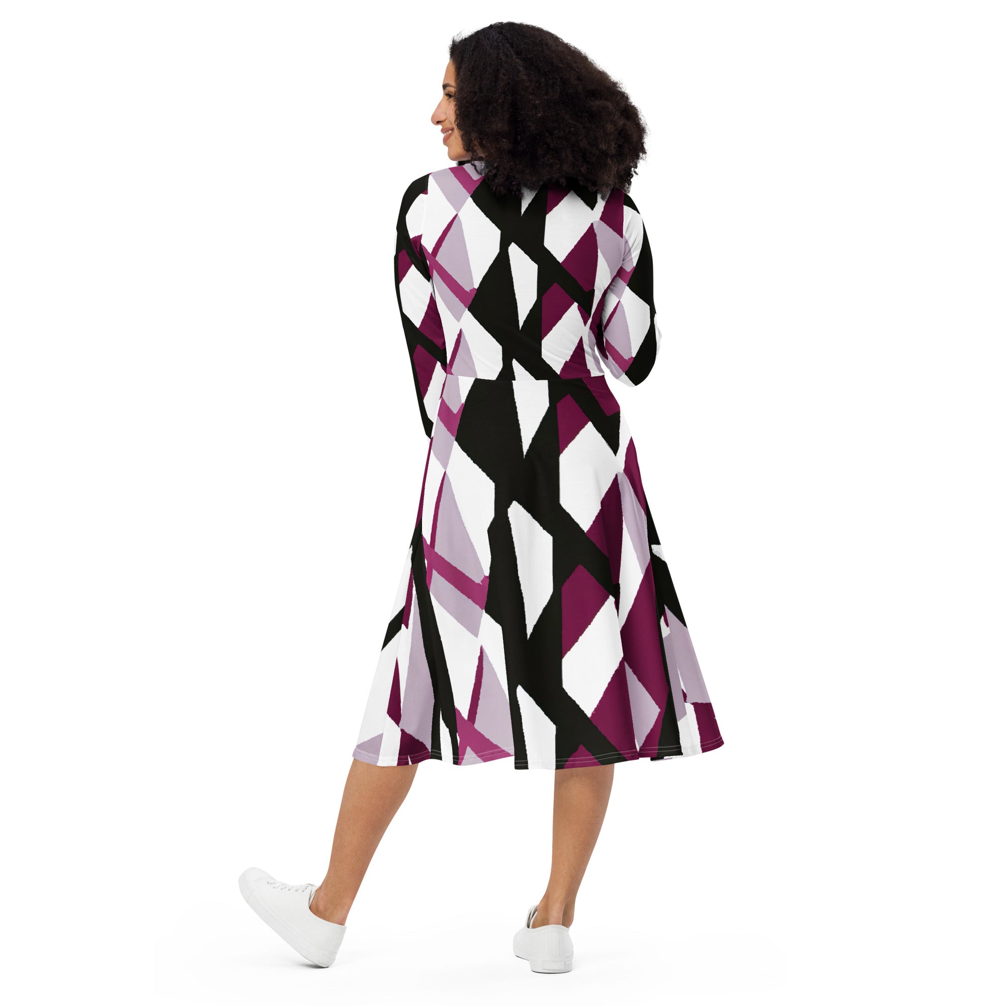 Womens Long Sleeve Midi Dress in Pink Mauve Pattern, featuring a fitted waist, flared bottom, and side pockets.