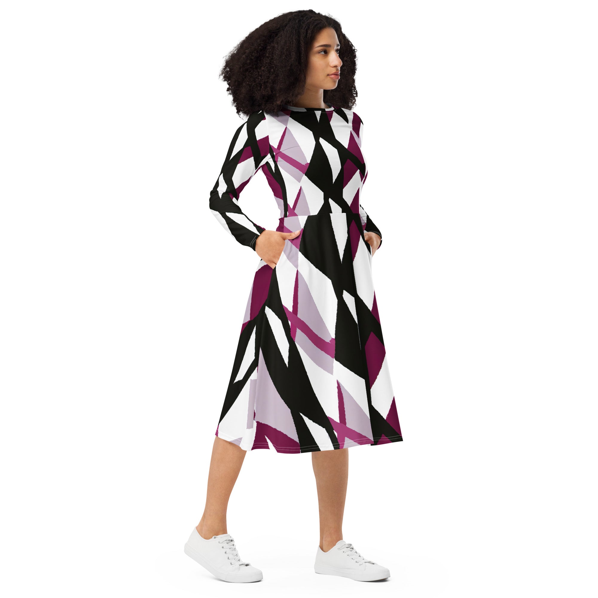 Womens Long Sleeve Midi Dress in Pink Mauve Pattern, featuring a fitted waist, flared bottom, and side pockets.