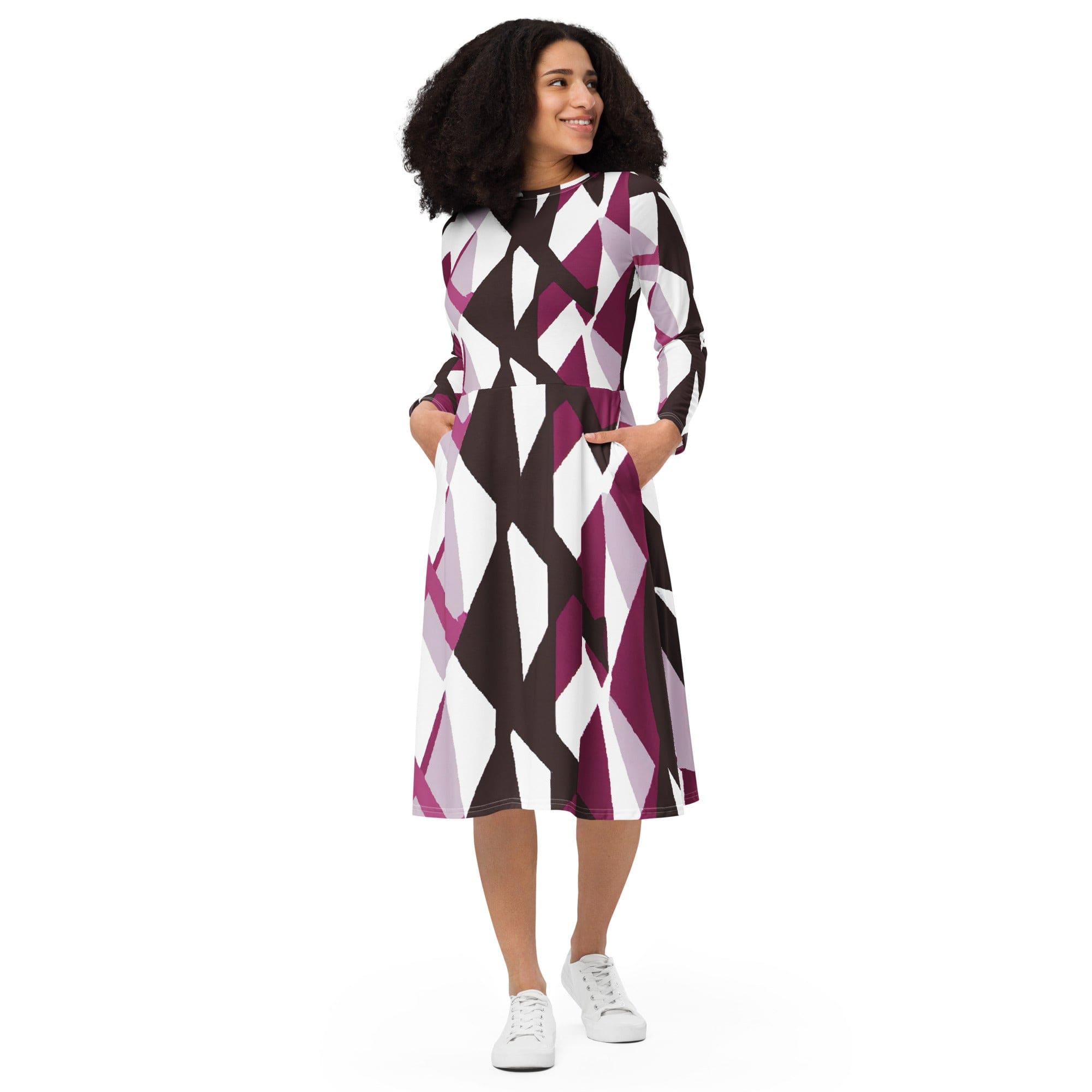 Womens Long Sleeve Midi Dress in Pink Mauve Pattern featuring a fitted waist, flared bottom, and side pockets.