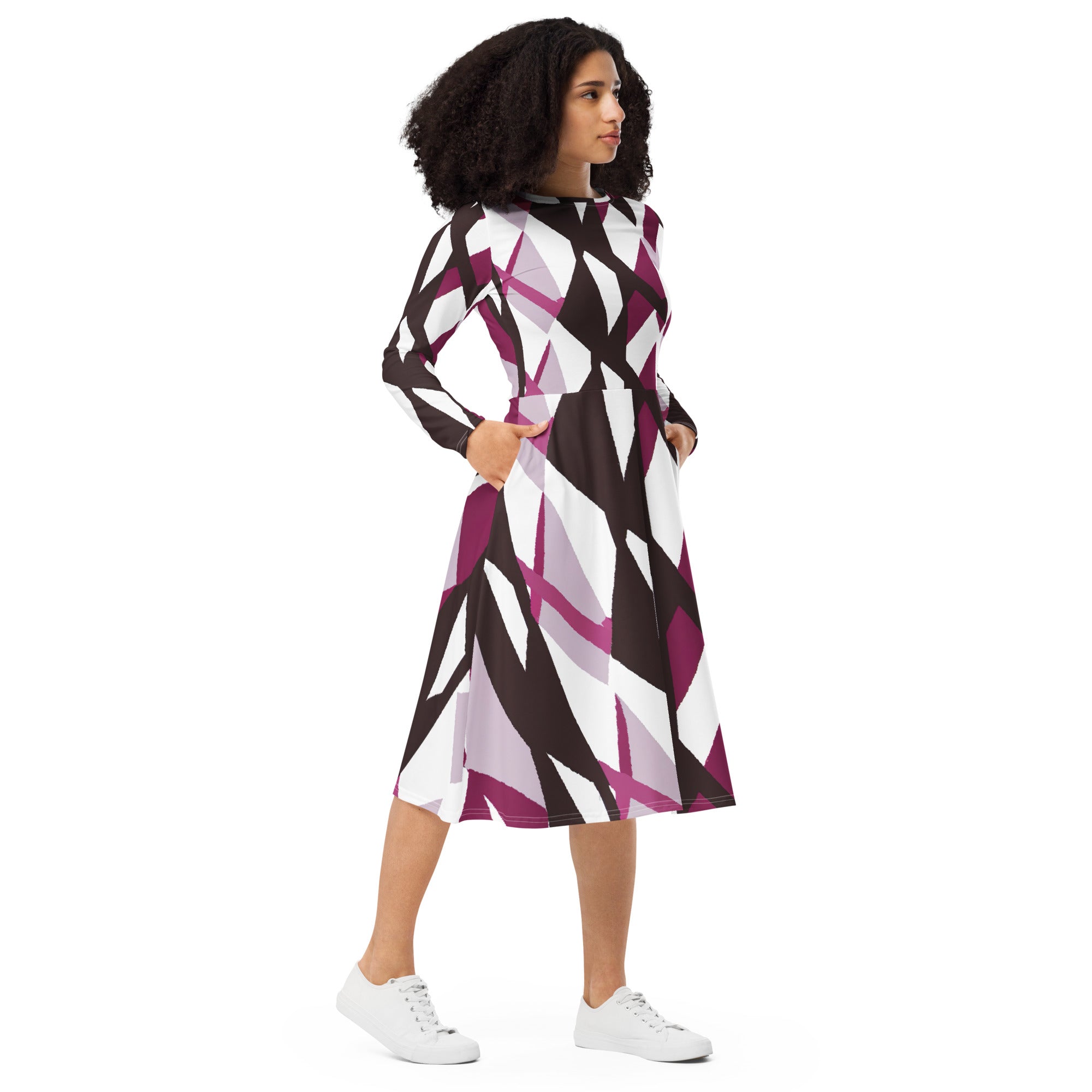 Womens Long Sleeve Midi Dress in Pink Mauve Pattern featuring a fitted waist, flared bottom, and side pockets.