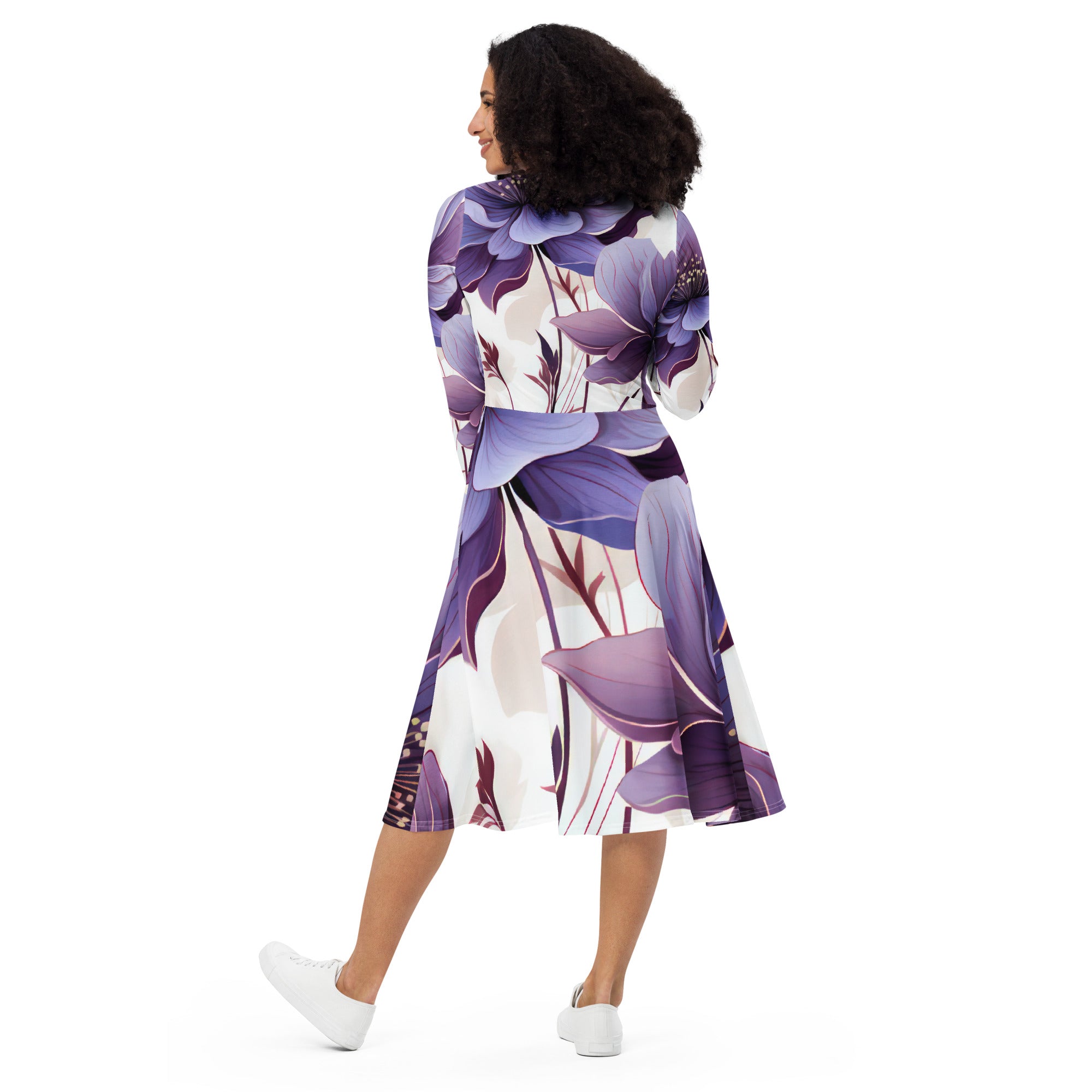 Womens Long Sleeve Midi Dress featuring purple botanical blooms, fitted waist, flared bottom, and side pockets.