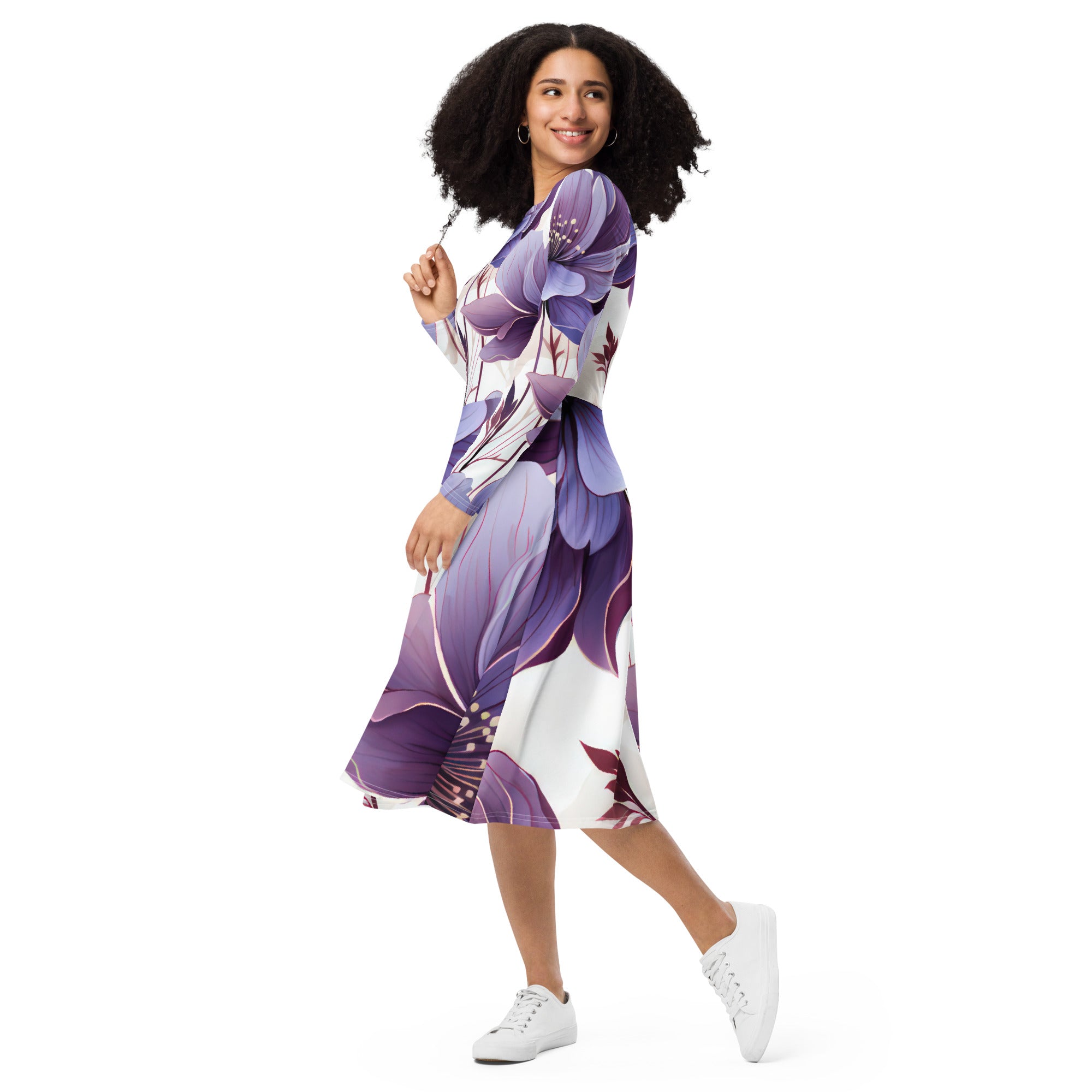 Womens Long Sleeve Midi Dress featuring purple botanical blooms, fitted waist, flared bottom, and side pockets.