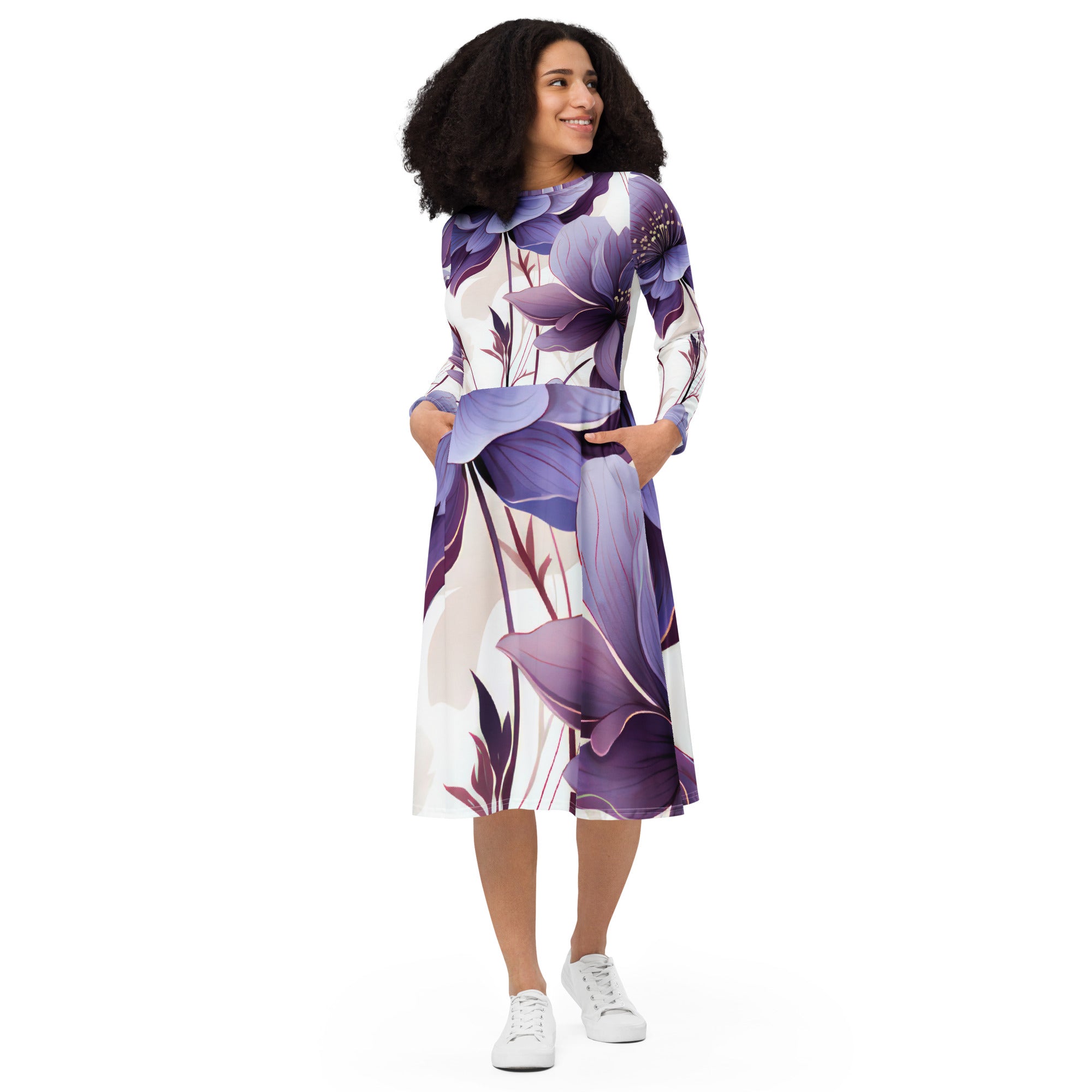 Womens Long Sleeve Midi Dress featuring purple botanical blooms, fitted waist, flared bottom, and side pockets.