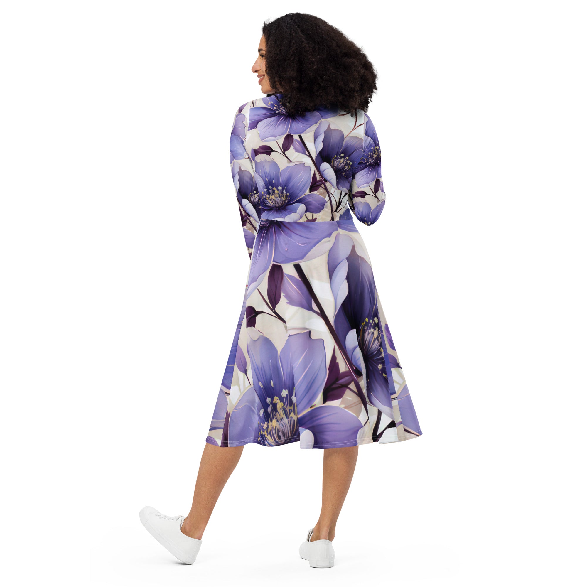 Womens Long Sleeve Midi Dress in Purple Botanical Blooms featuring a fitted waist, flared bottom, and side pockets.