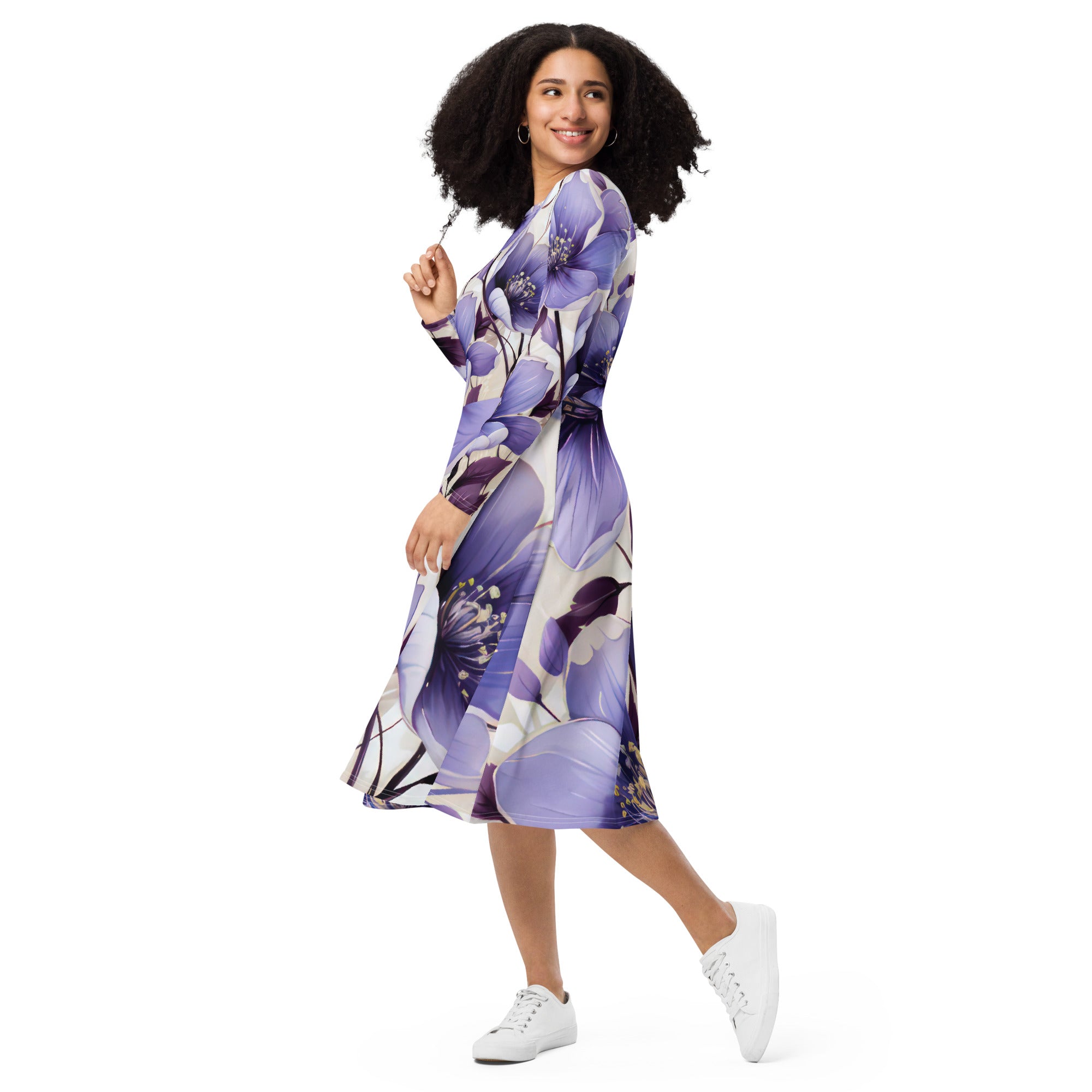 Womens Long Sleeve Midi Dress in Purple Botanical Blooms featuring a fitted waist, flared bottom, and side pockets.