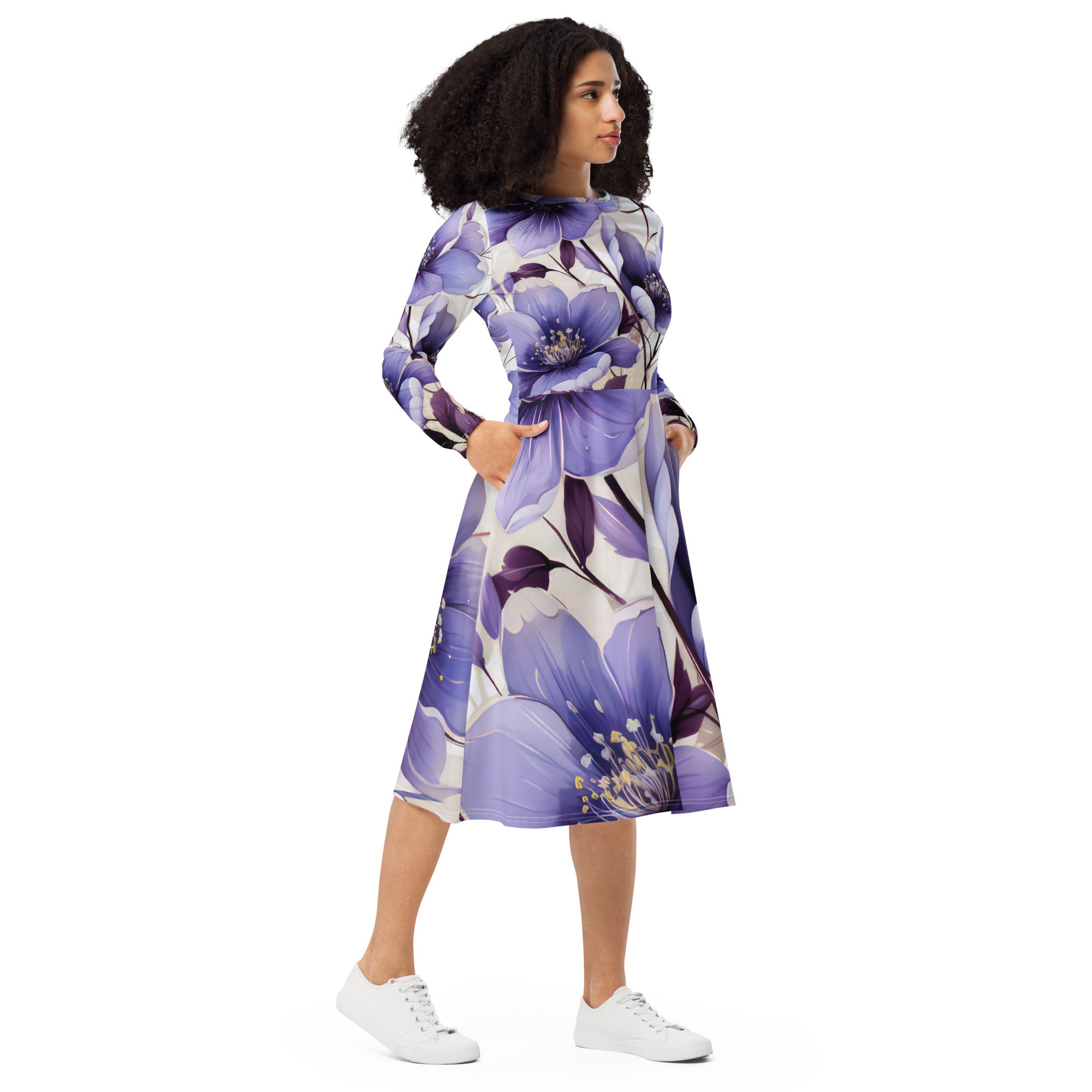 Womens Long Sleeve Midi Dress in Purple Botanical Blooms featuring a fitted waist, flared bottom, and side pockets.