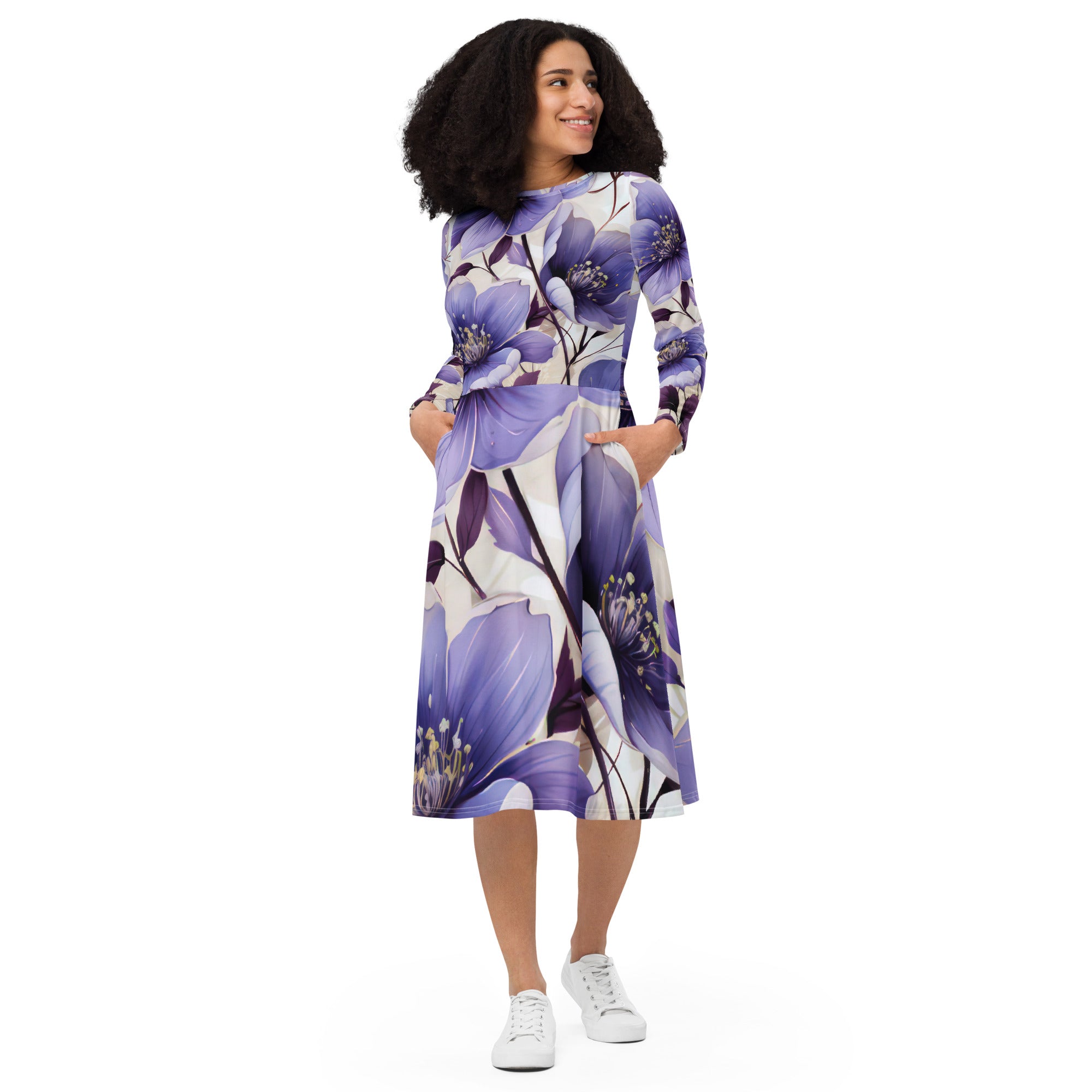 Womens Long Sleeve Midi Dress in Purple Botanical Blooms featuring a fitted waist, flared bottom, and side pockets.