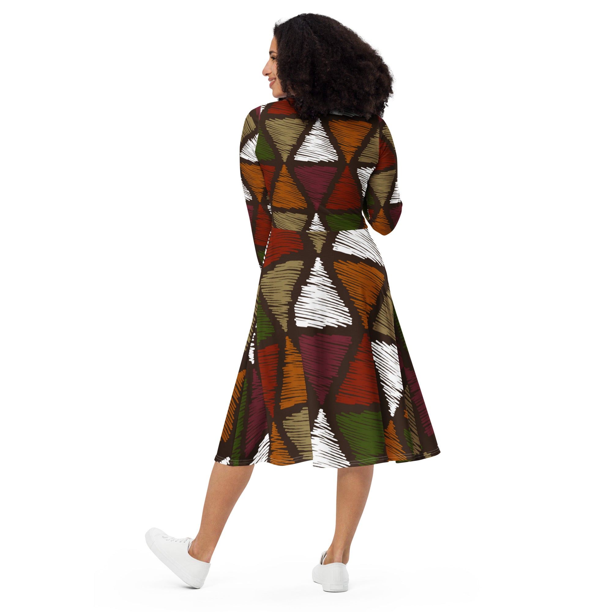 Womens Long Sleeve Midi Dress featuring a vibrant red and green geometric pattern, showcasing its flared bottom and side pockets.