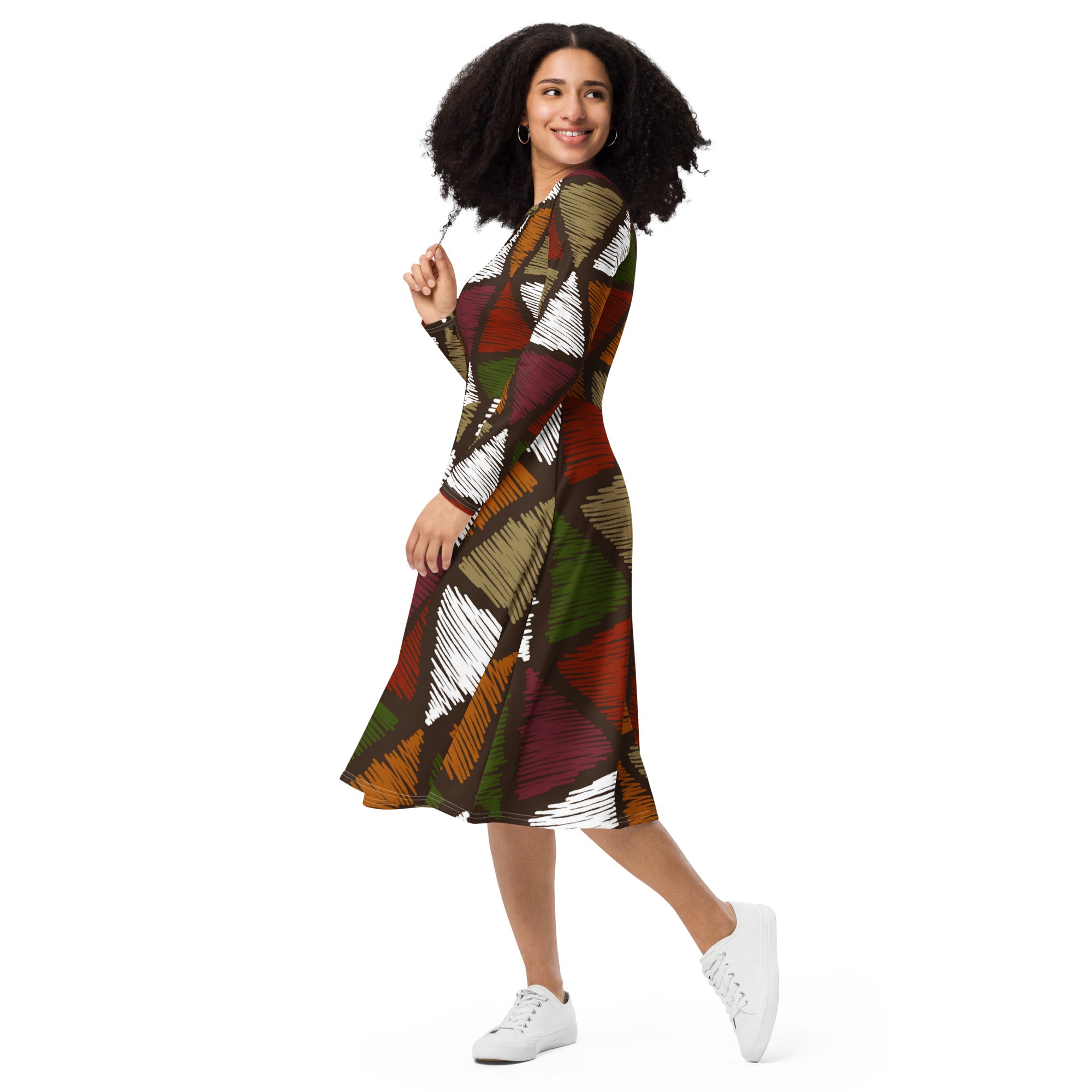 Womens Long Sleeve Midi Dress featuring a vibrant red and green geometric pattern, showcasing its flared bottom and side pockets.