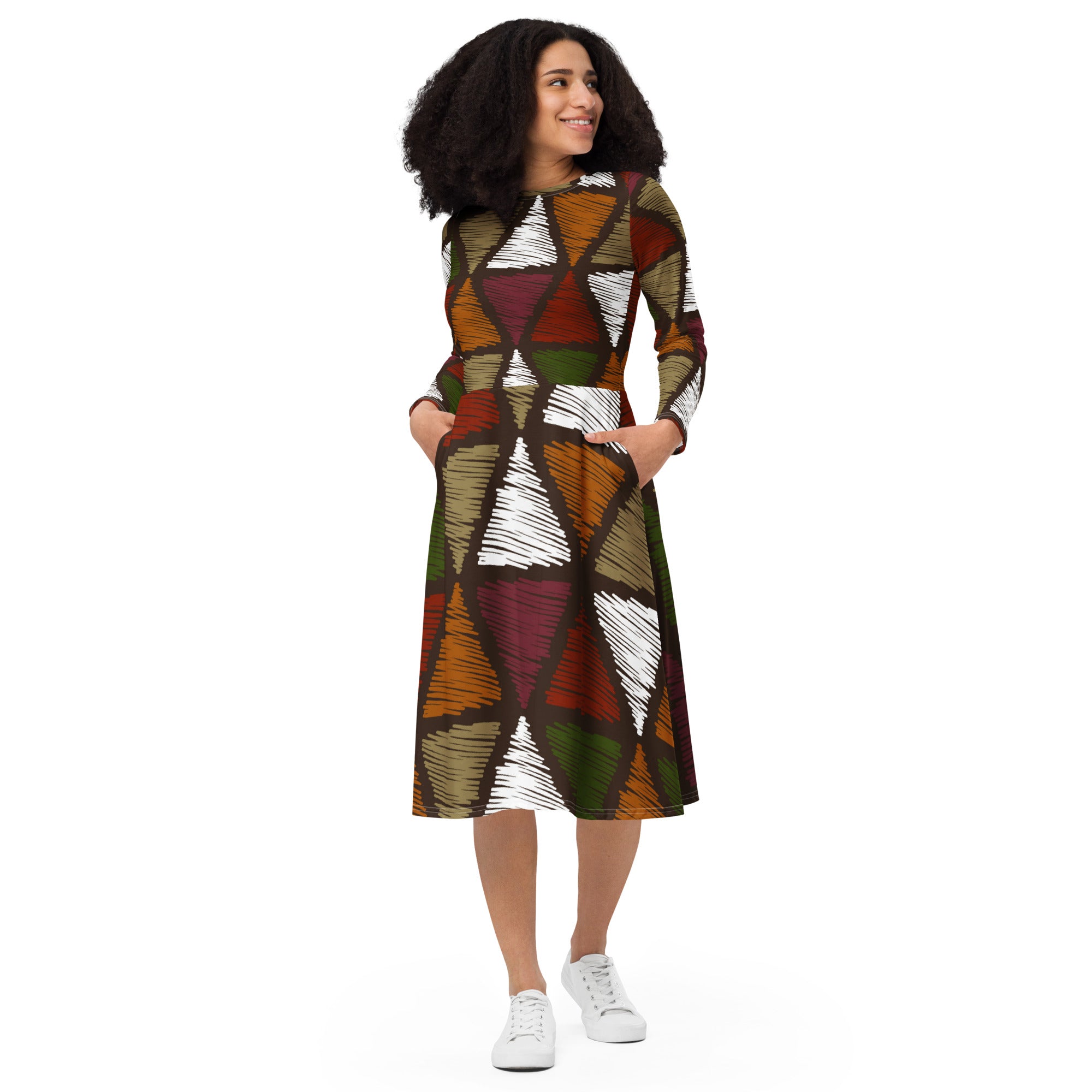 Womens Long Sleeve Midi Dress featuring a vibrant red and green geometric pattern, showcasing its flared bottom and side pockets.