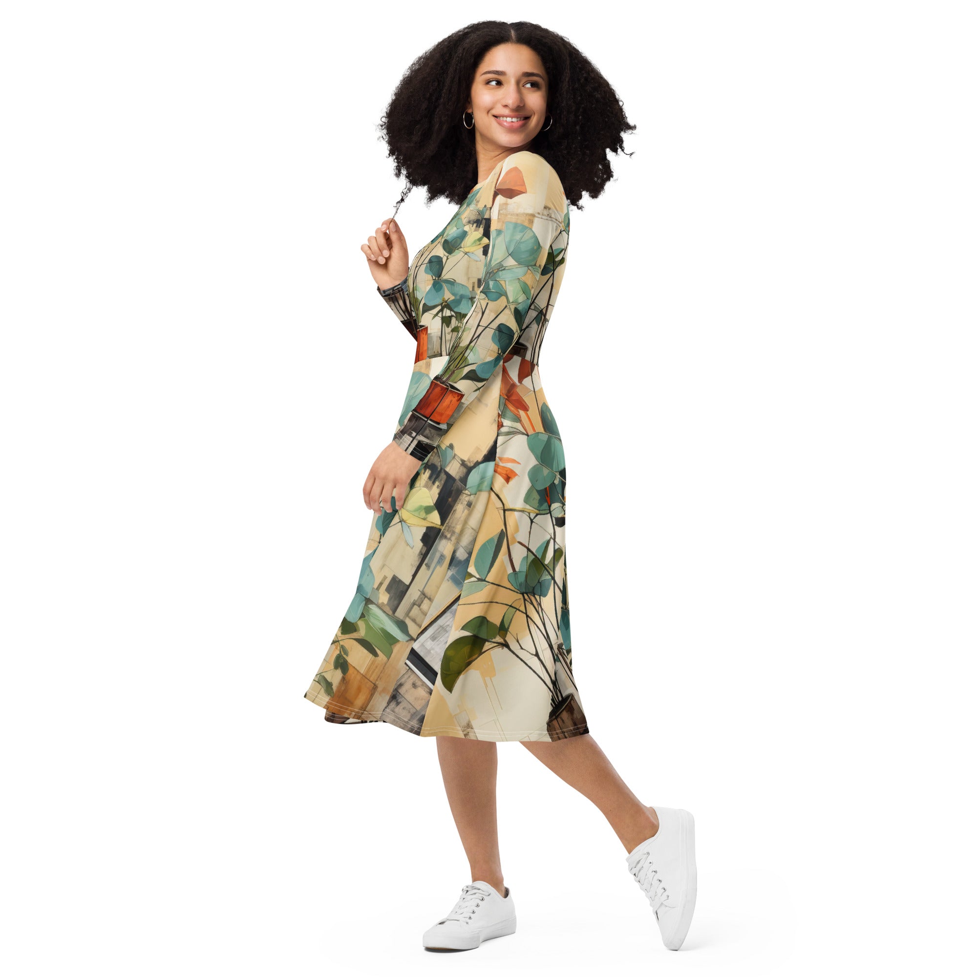 Womens Long Sleeve Midi Dress featuring rustic botanical plants design, showcasing a fitted waist, flared bottom, and side pockets.