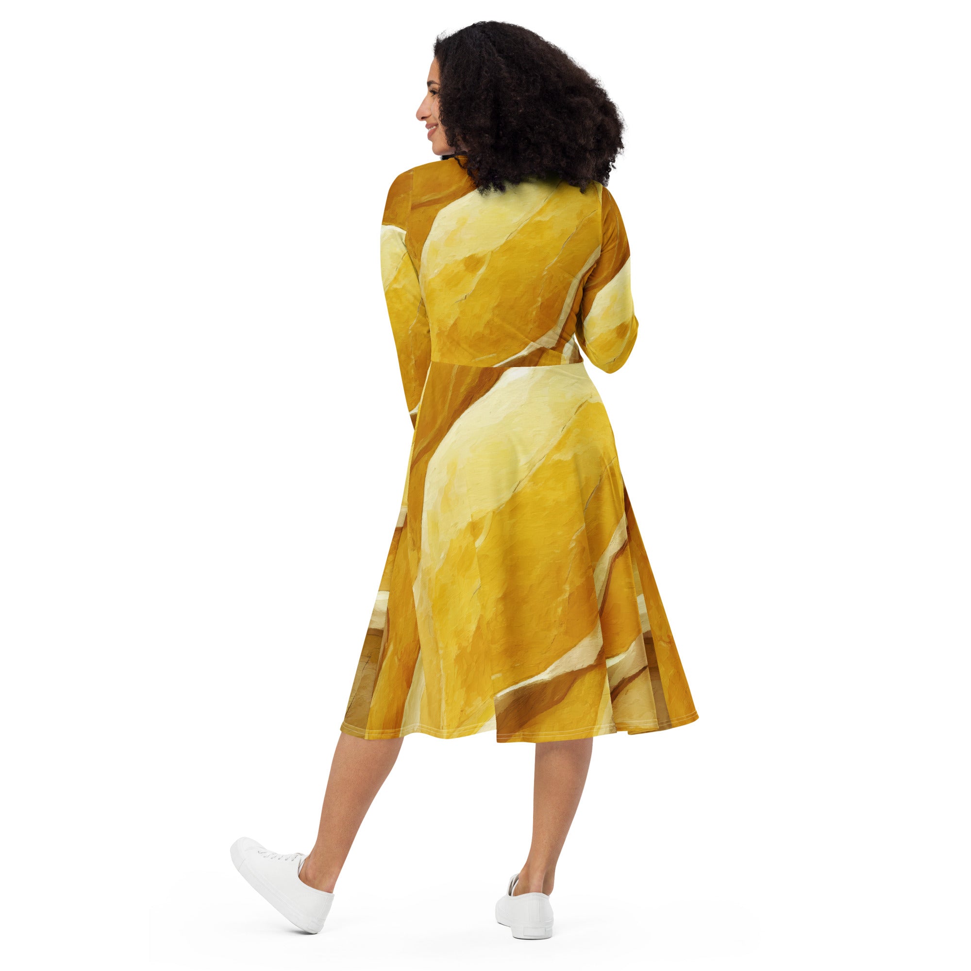 Womens Long Sleeve Midi Dress in Rustic Yellow Stone Print, featuring a fitted waist, flared bottom, and side pockets.