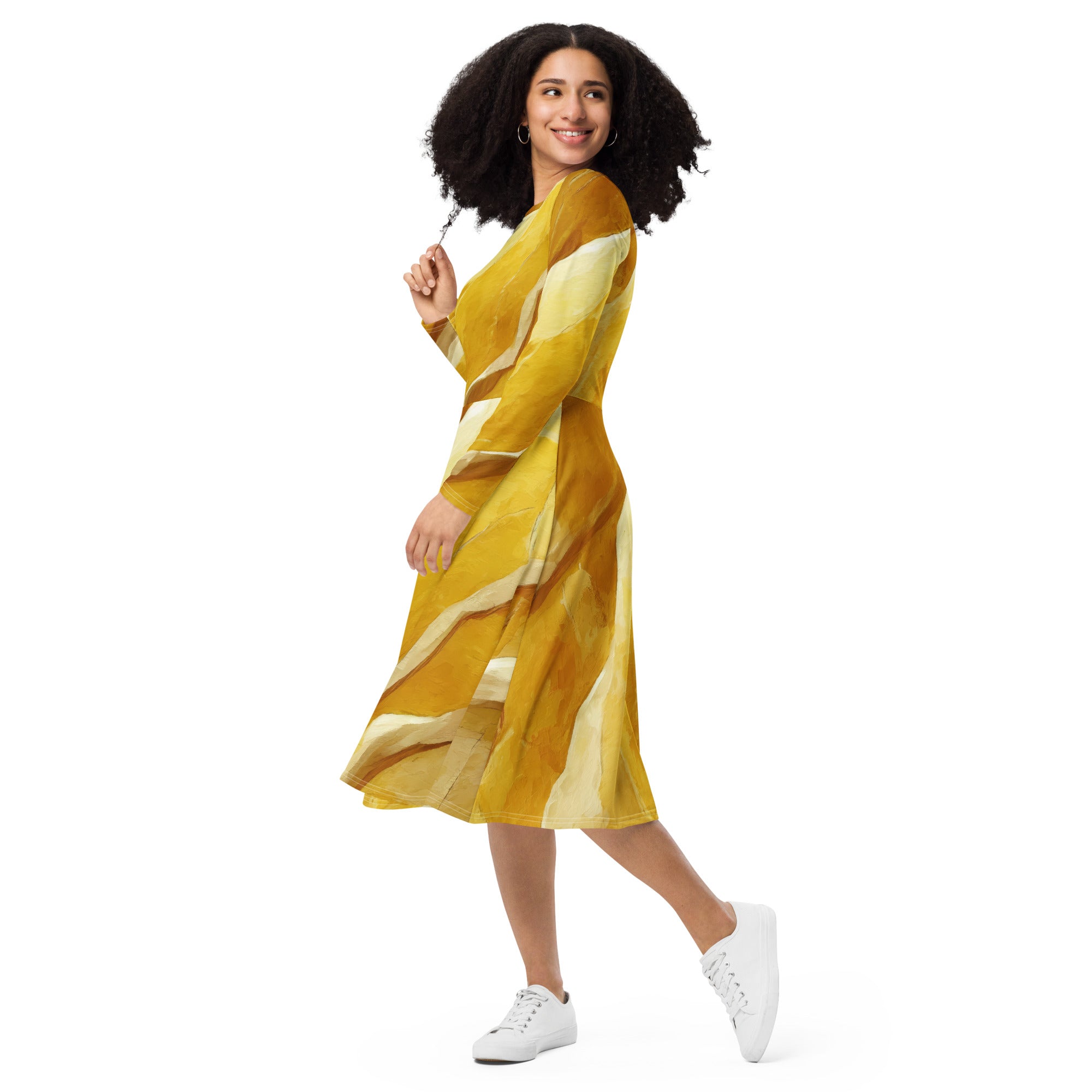 Womens Long Sleeve Midi Dress in Rustic Yellow Stone Print, featuring a fitted waist, flared bottom, and side pockets.