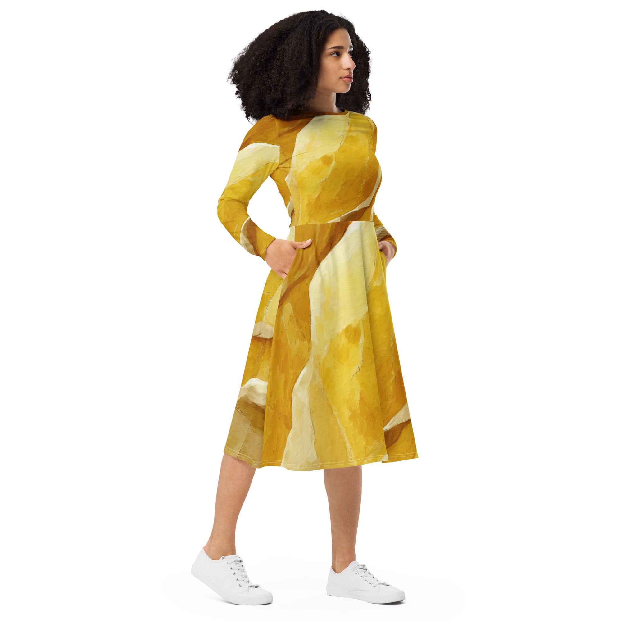 Womens Long Sleeve Midi Dress in Rustic Yellow Stone Print, featuring a fitted waist, flared bottom, and side pockets.