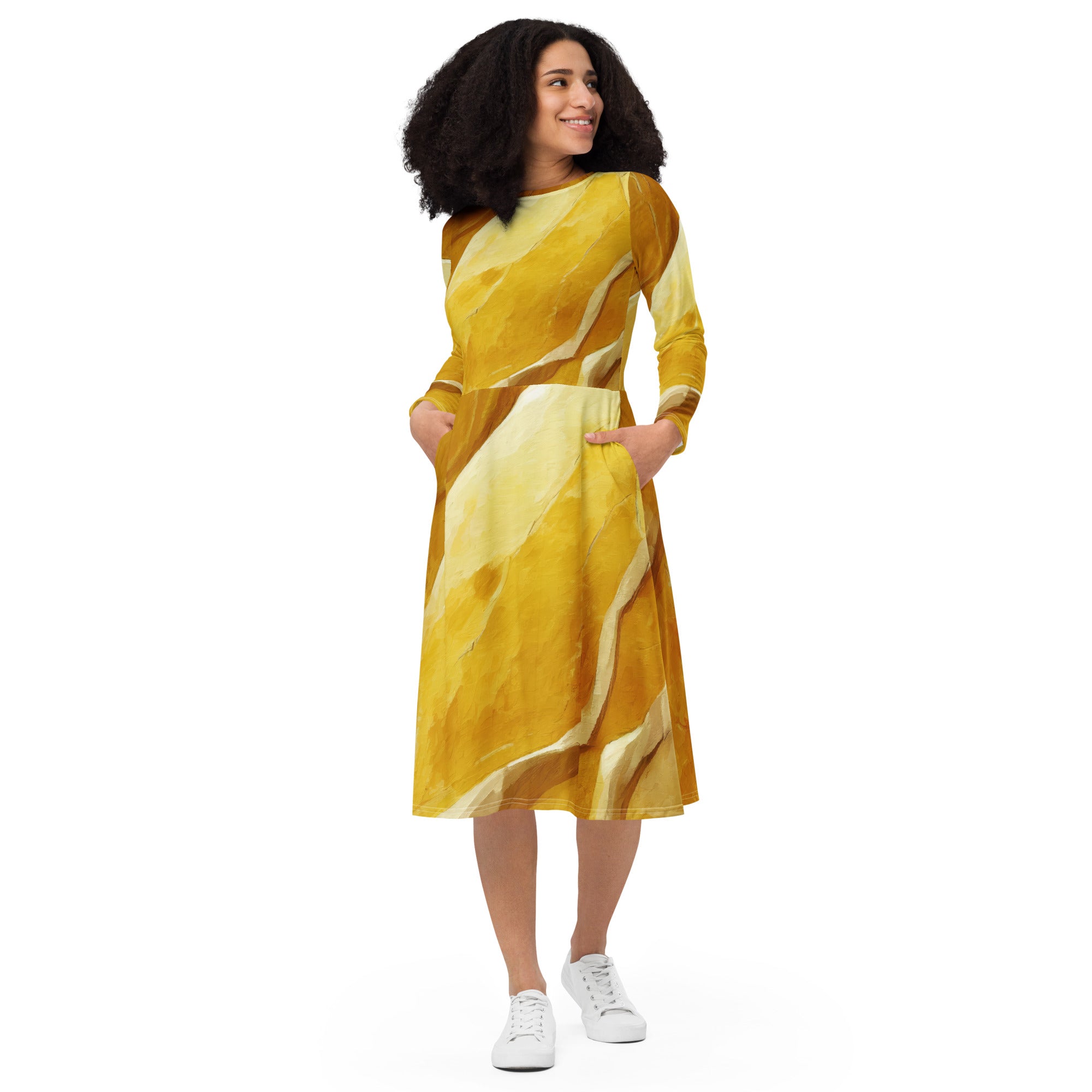 Womens Long Sleeve Midi Dress in Rustic Yellow Stone Print, featuring a fitted waist, flared bottom, and side pockets.