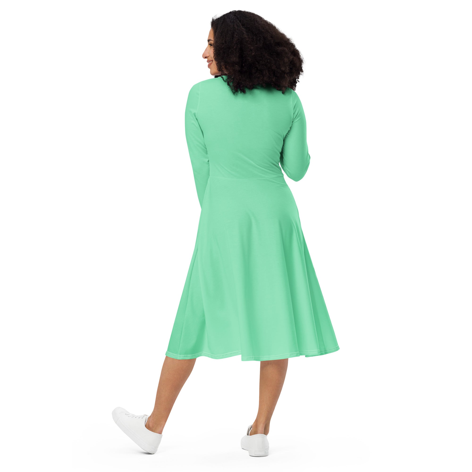 Womens Long Sleeve Midi Dress in Seafoam Green, featuring a fitted waist, flared bottom, and side pockets, perfect for stylish comfort.