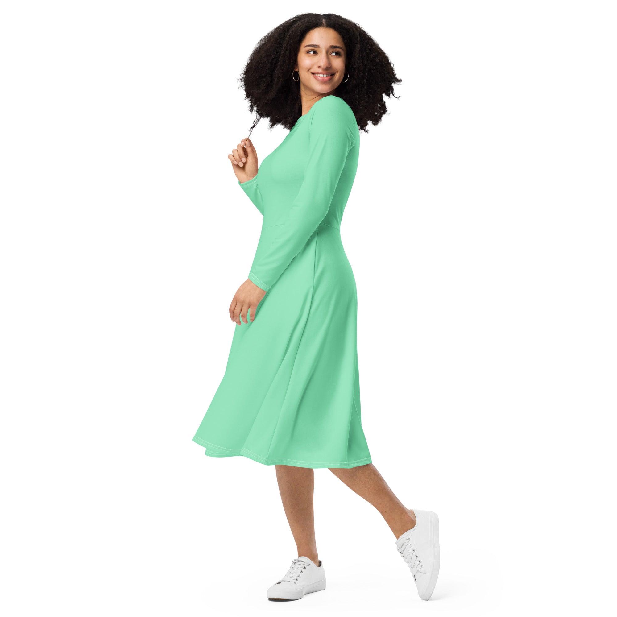 Womens Long Sleeve Midi Dress in Seafoam Green, featuring a fitted waist, flared bottom, and side pockets, perfect for stylish comfort.