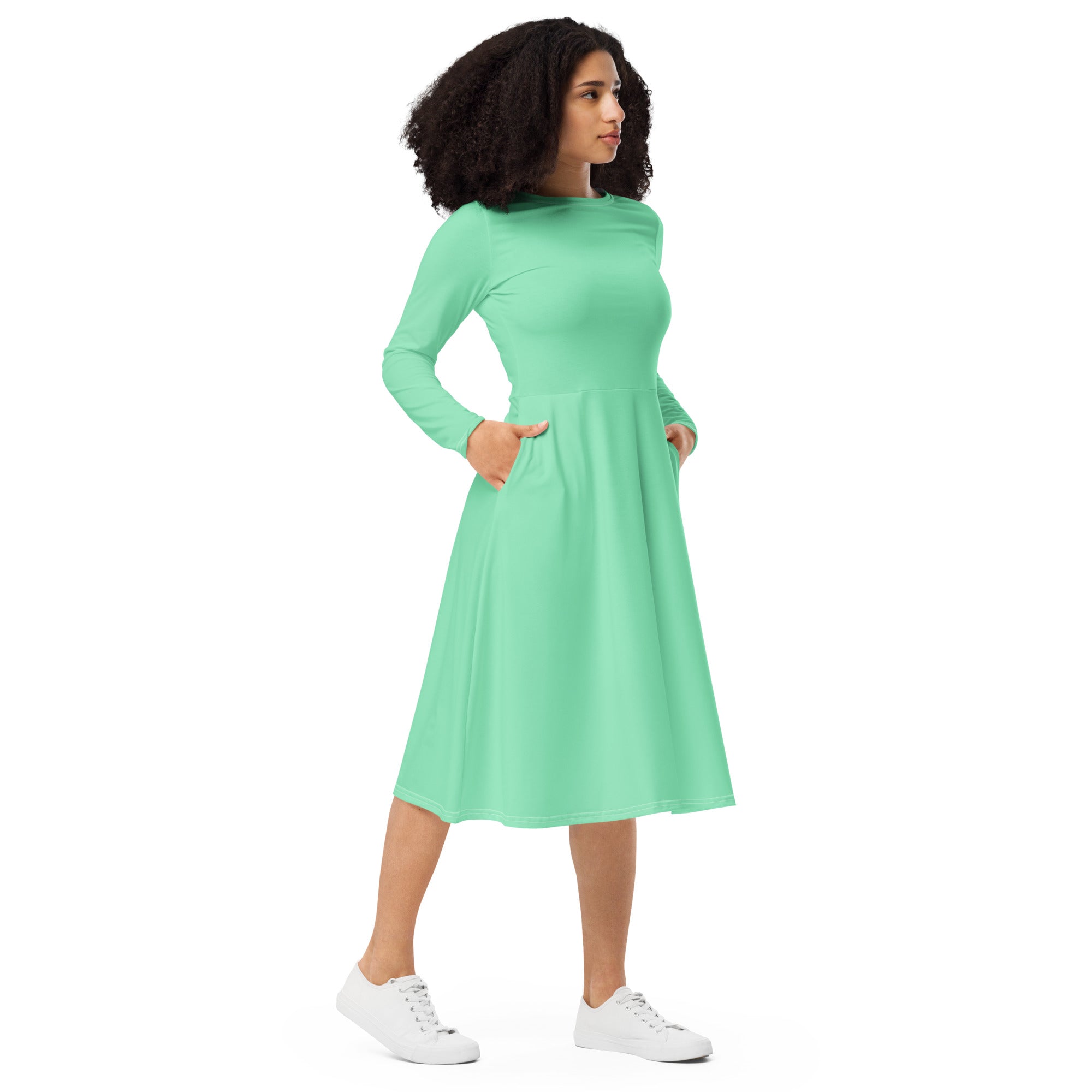 Womens Long Sleeve Midi Dress in Seafoam Green, featuring a fitted waist, flared bottom, and side pockets, perfect for stylish comfort.