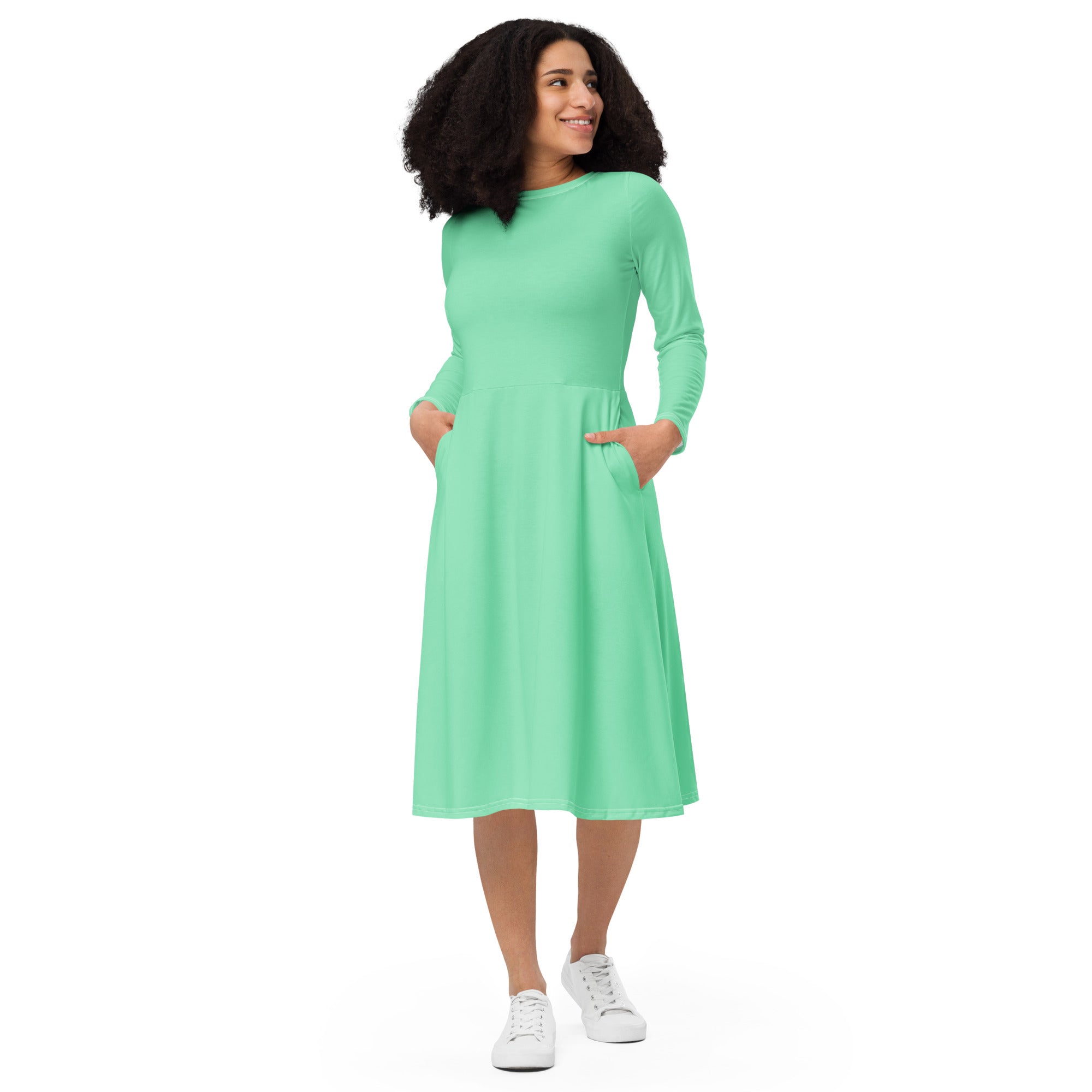 Womens Long Sleeve Midi Dress in Seafoam Green, featuring a fitted waist, flared bottom, and side pockets, perfect for stylish comfort.