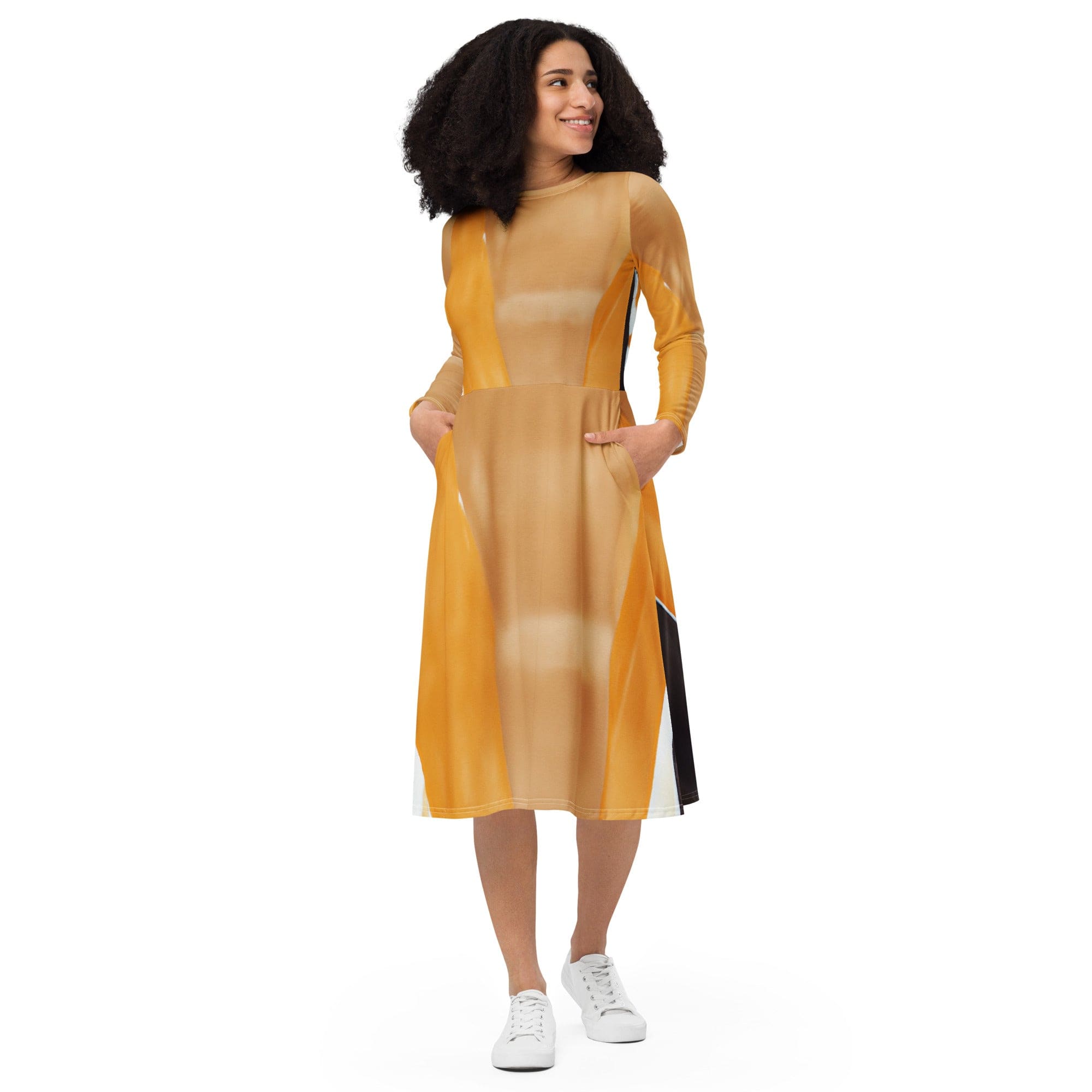 Womens Long Sleeve Midi Dress featuring a yellow brown abstract pattern, showcasing its elegant boat neckline and flared bottom with side pockets.