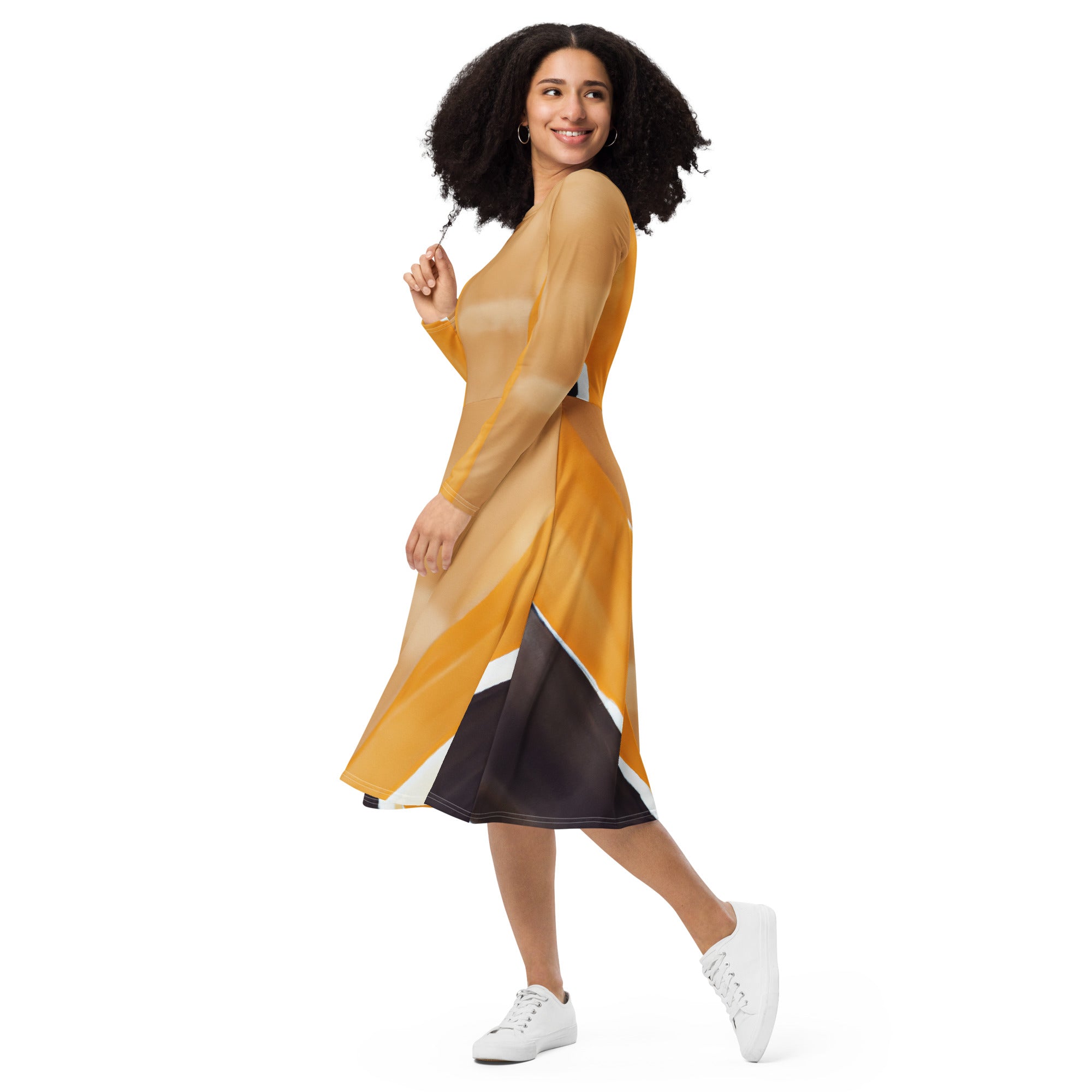 Womens Long Sleeve Midi Dress featuring a yellow brown abstract pattern, showcasing its elegant boat neckline and flared bottom with side pockets.