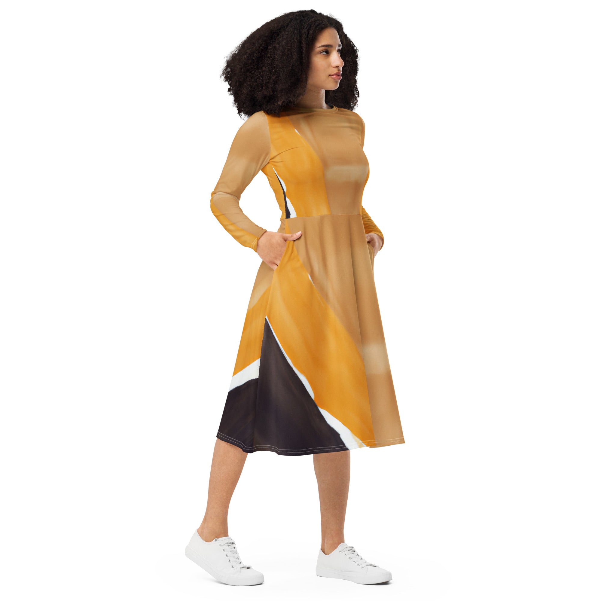 Womens Long Sleeve Midi Dress featuring a yellow brown abstract pattern, showcasing its elegant boat neckline and flared bottom with side pockets.