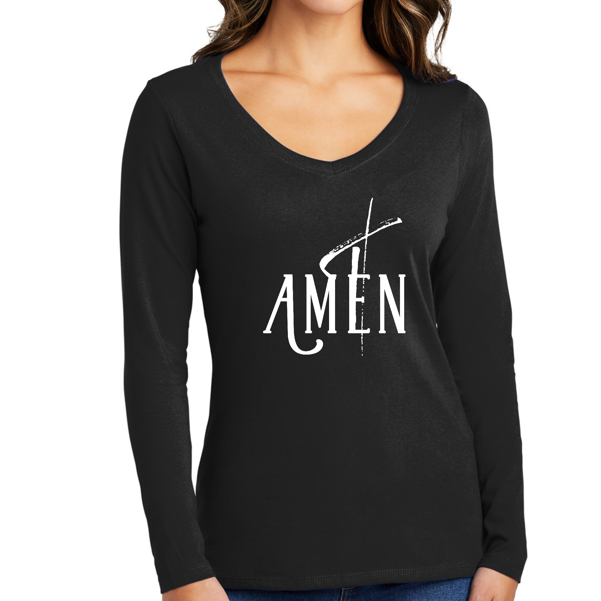 Women's Long Sleeve V-neck Graphic T-shirt featuring AMEN White Print, showcasing its stylish design and comfortable fit.