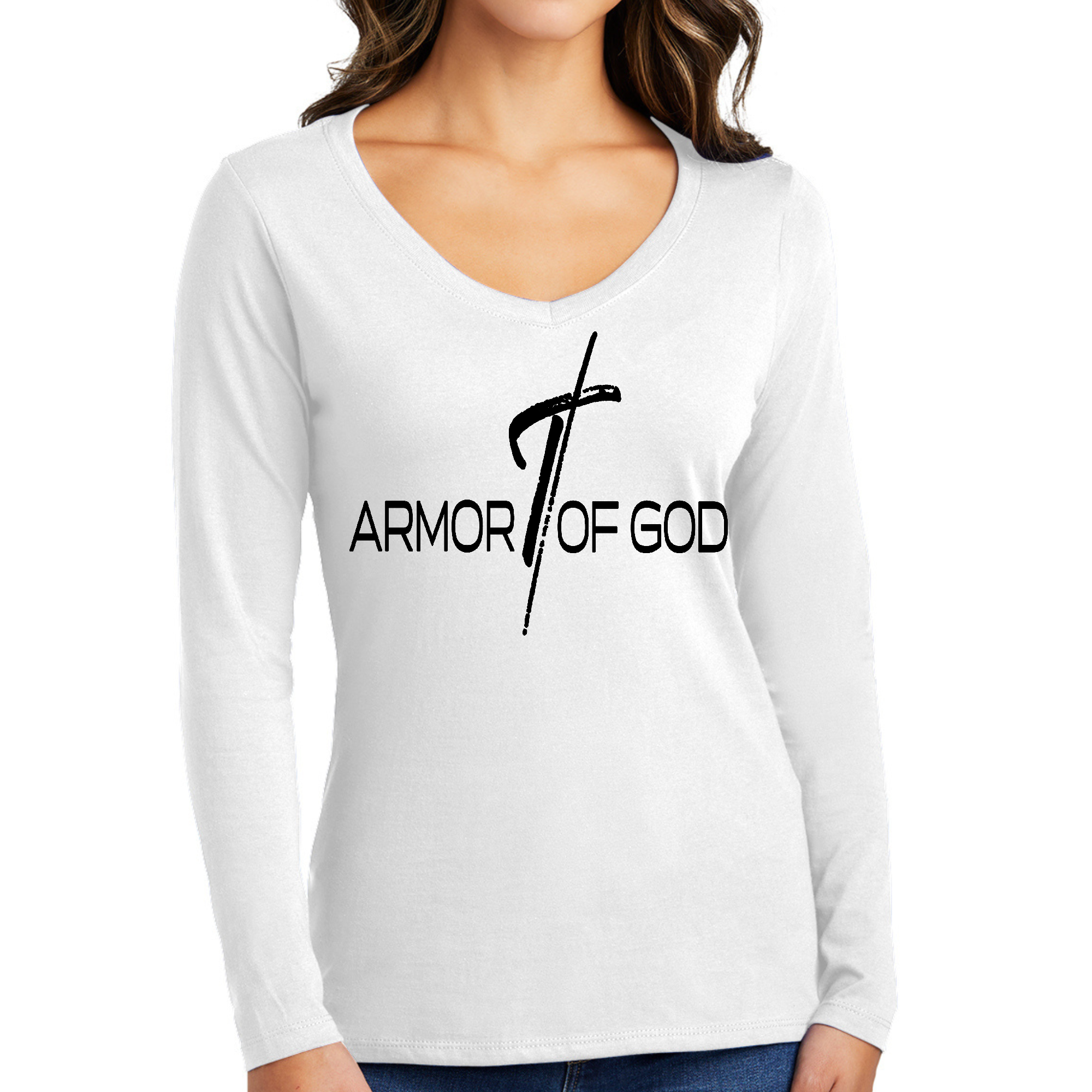 Women's Long Sleeve V-neck Graphic T-shirt in black featuring Armor of God scripture quote print, made from soft preshrunk cotton.